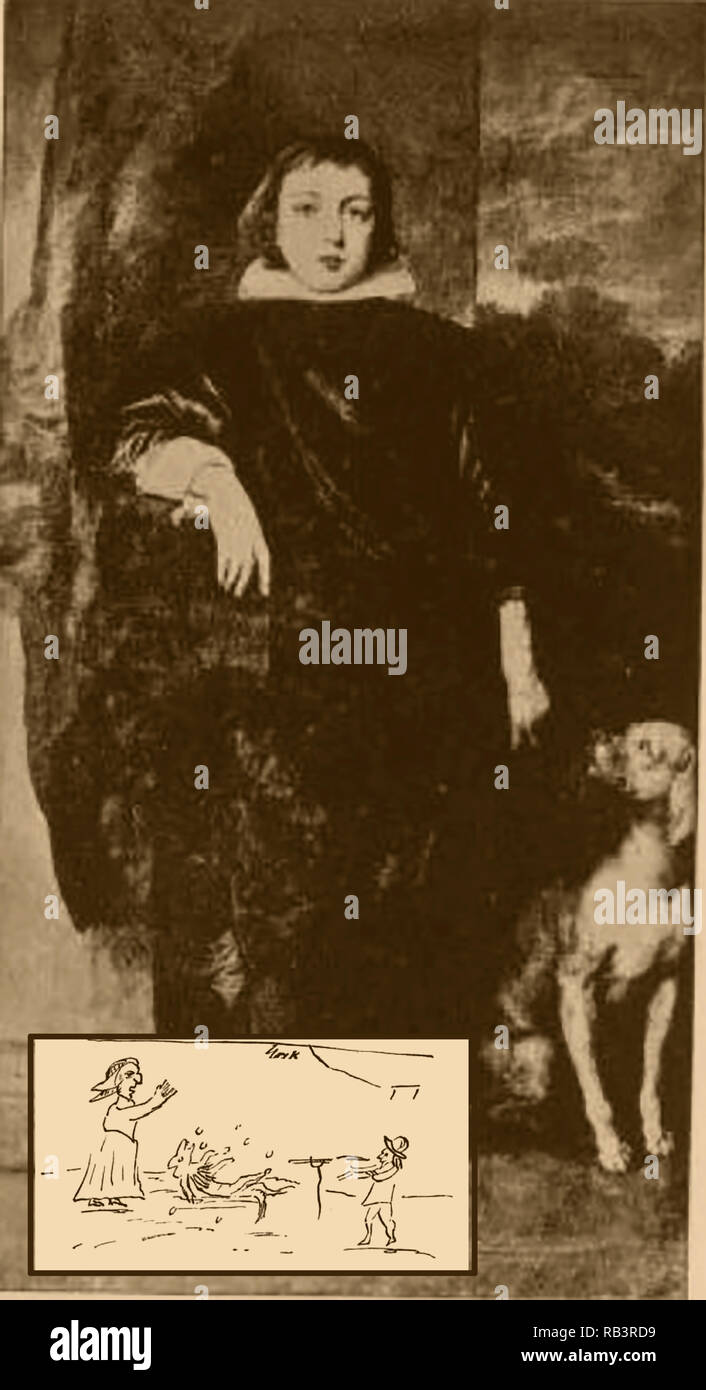 Prince Rupert von Rhein, Herzog von Cumberland Earl von Holderness (1619-1682) mit seinem Hund "Boy", manchmal auch als "Pudel. Er war ein begabter Erfinder, Soldat, Admiral, Wissenschaftler, Sportler, kolonialer Gouverneur und Künstler Rupert wurde ein Kavalier und seinem Hund durch die Puritaner getötet wurde (Inset zeigt seinen Hund durch ein PURITANISCHER bei Marston Moor geschossen werden, von einem Ihrer eigenen Karikaturen) - Er war eine beliebte Figur in parlamentarischen Propaganda zu der Zeit und wurde der Hexerei mit seinem Hund und Affe, "vertrauten" vermutet worden beschuldigt Stockfoto