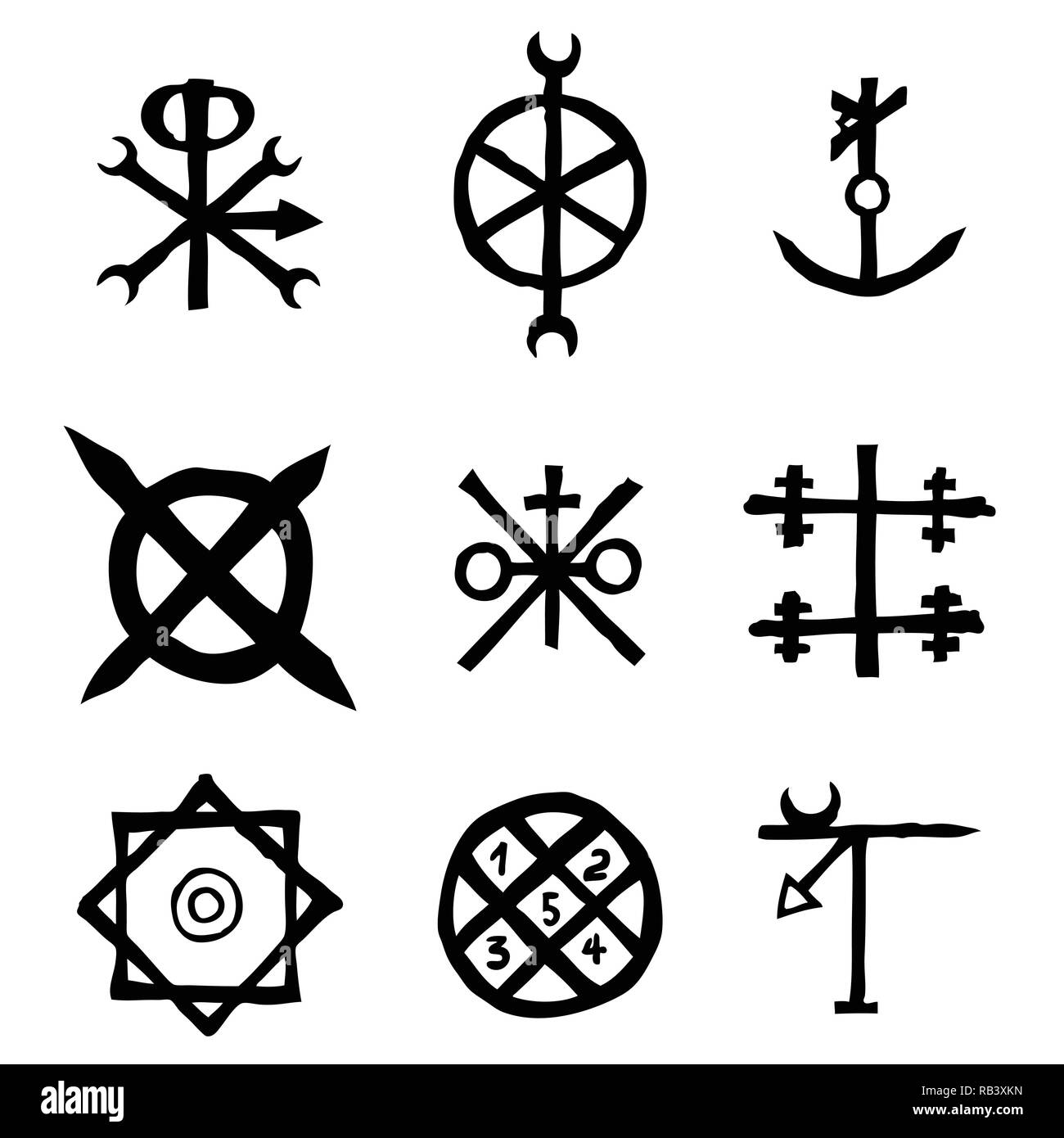 Futhark nordischen Insel und Viking Symbol gesetzt. Imaginären magischen Buchstaben in der Hand zeichnen und schreiben von Symbolen. Von den alten Island und ethnischen Vektor inspiriert Stock Vektor