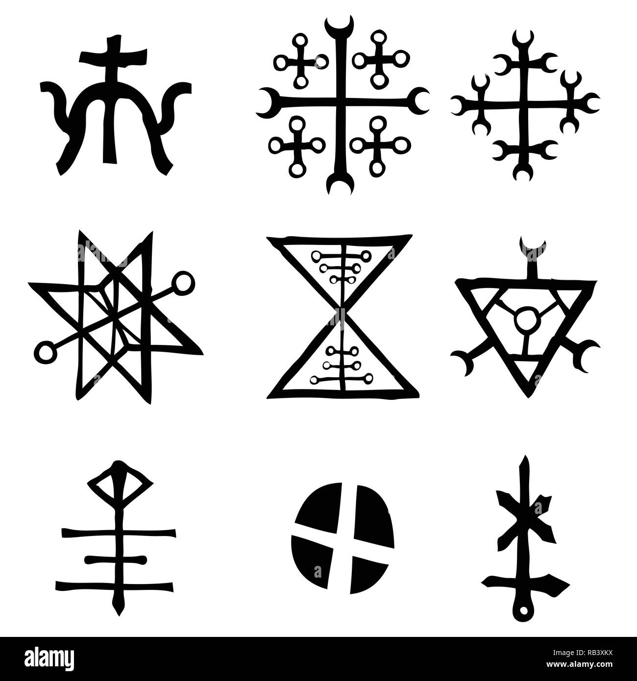 Futhark nordischen Insel und Viking Symbol gesetzt. Imaginären magischen Buchstaben in der Hand zeichnen und schreiben von Symbolen. Von den alten Island und ethnischen Vektor inspiriert Stock Vektor