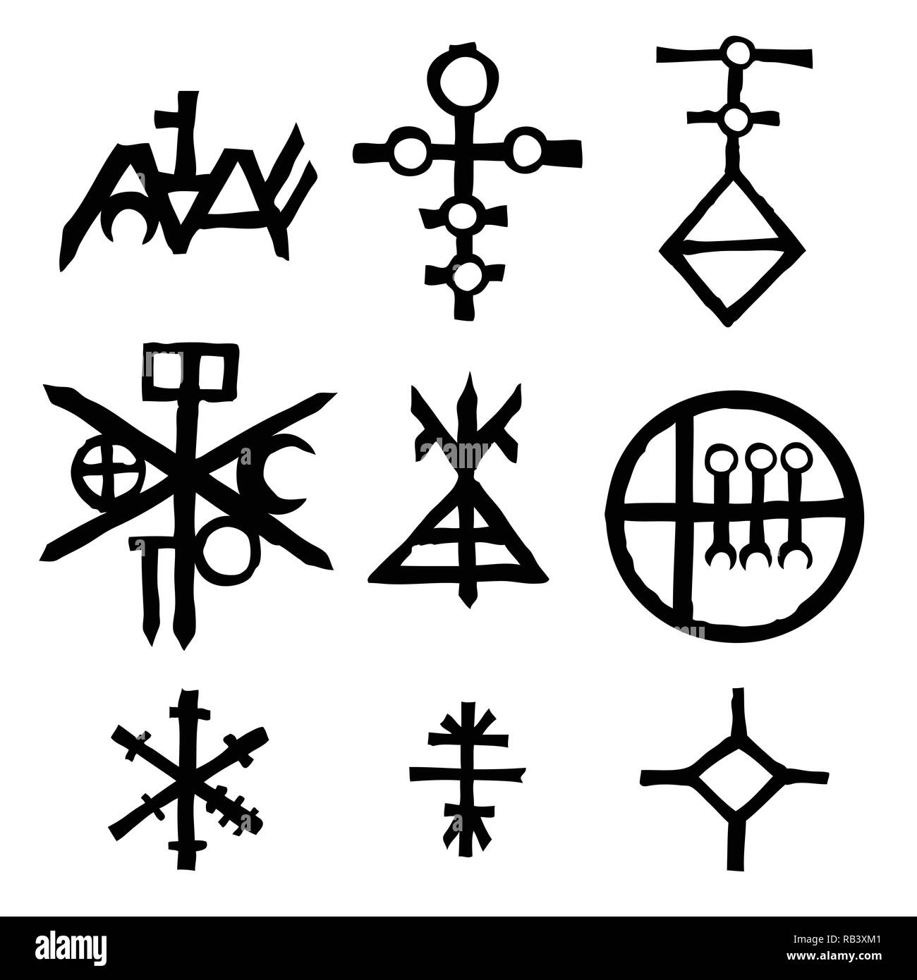 Reihe von Icons und Symbole Buchstaben inspiriert zum Thema Magie und Witch Craft okkulte Alchemie, Mystik, Esoterik Religion und Mason, isoliert. Tattoos Stock Vektor