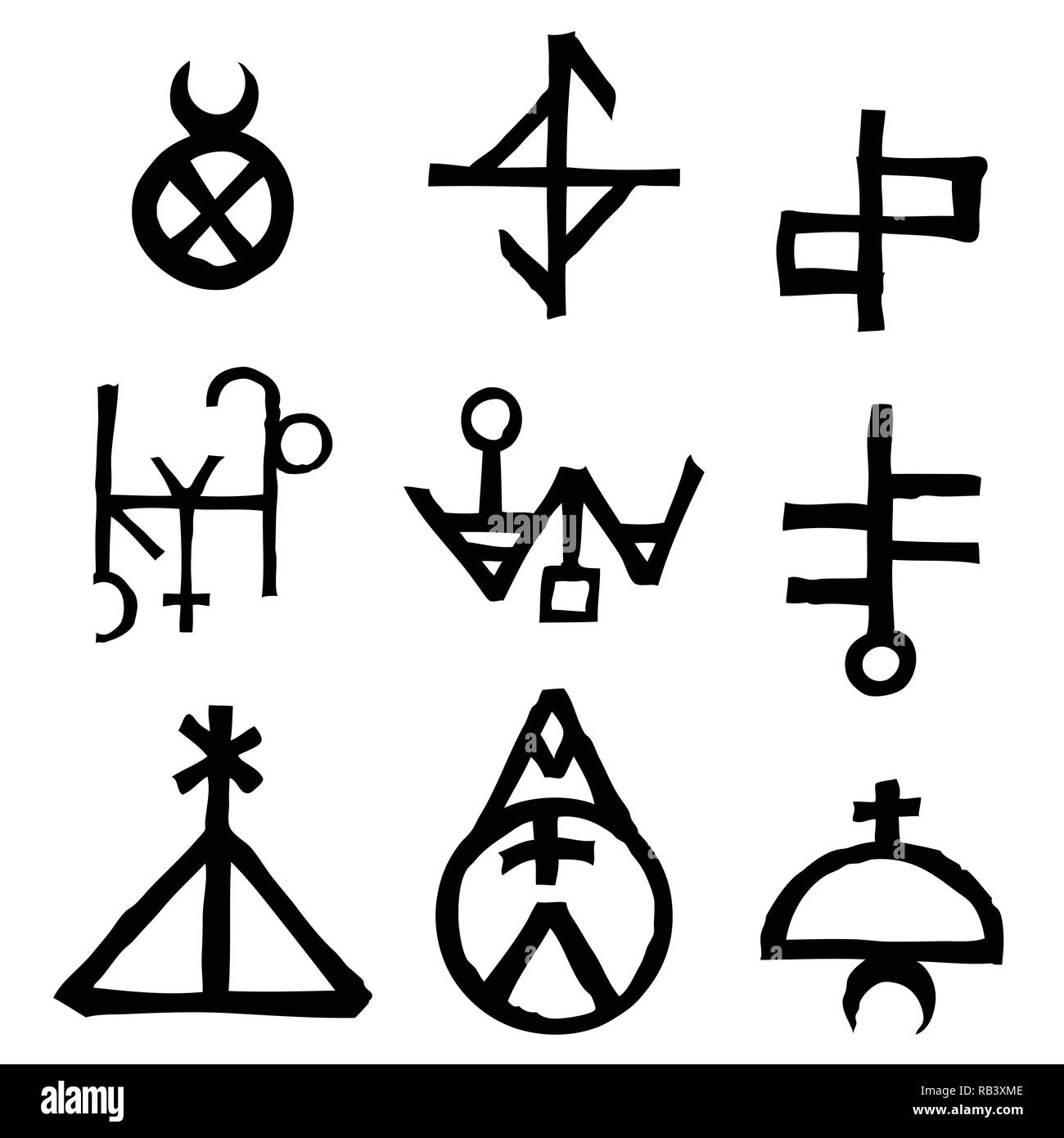 Der schriftliche Symbole und Buchstaben von magischen Inschriften und Symbole auf Hintergrund inspiriert. Alte Manuskript Alphabet. Vektor. Stock Vektor
