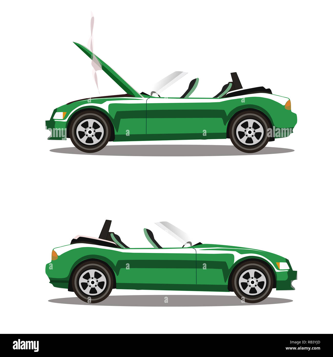 Gebrochene lila Cabrio sport cartoon Auto mit geöffneter Motorhaube mit Rauch bedeckt. Auto Crash vor und nach. Abbildung auf weißem Hintergrund. Stockfoto