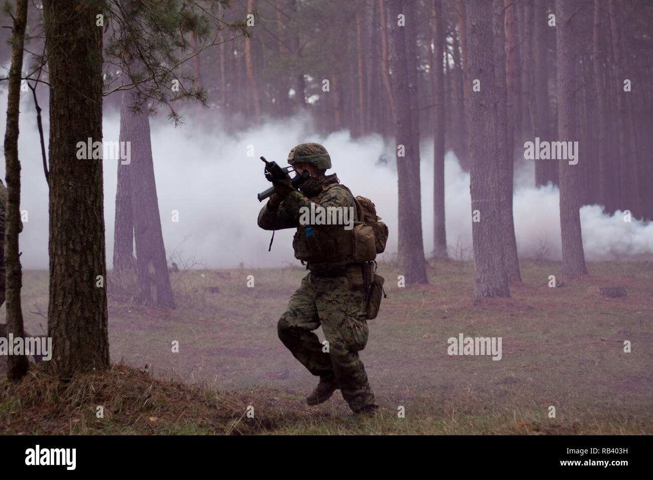 Ein US-Marine mit speziellen Zweck Marine Air-Ground Task Force-Crisis Response-Africa bietet Sicherheit während einer Schulungsveranstaltung mit deutschen Soldaten in Seedorf, Deutschland, Dez. 6, 2018. Diese Veranstaltung, die auf infanterie Taktik und Manöver konzentrierte, markiert das erste Mal US-Marines mit deutschen Fallschirmjäger Regiment-31 ausgebildet haben. SPMAGTF-CR-AF ist ein drehkraft eingesetzt Krise - Reaktion und Theater - Security Operations in Europa und Afrika zu leiten. (U.S. Marine Corps Foto von 2 Leutnant Taylor Cox) Stockfoto