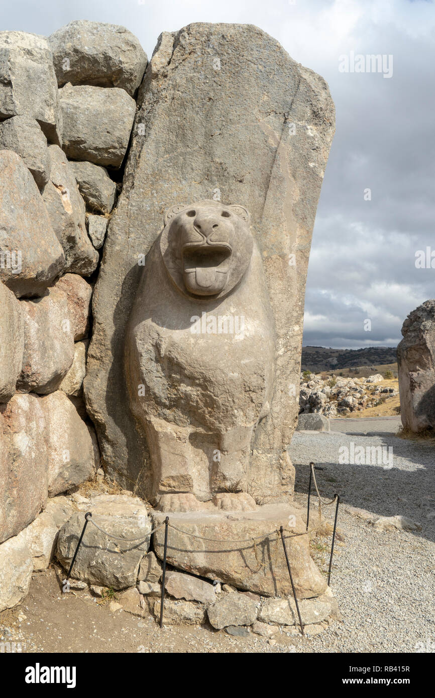 Lion's Gate in Hattusa, der 1986 von der UNESCO zum Weltkulturerbe aufgenommen wurde. Corum, Türkei. Stockfoto