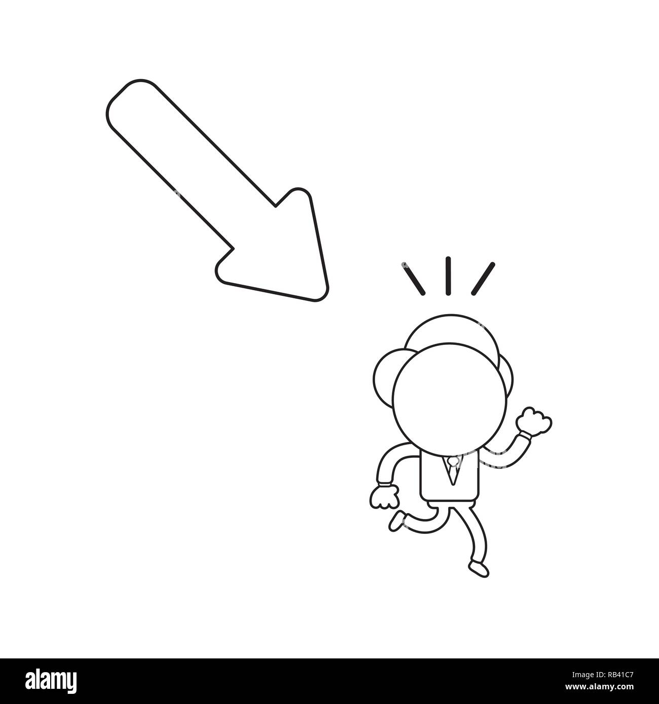 Vector Illustration Konzept der Geschäftsmann Charakter von Pfeil laufen nach unten bewegen. Schwarzer outline. Stock Vektor