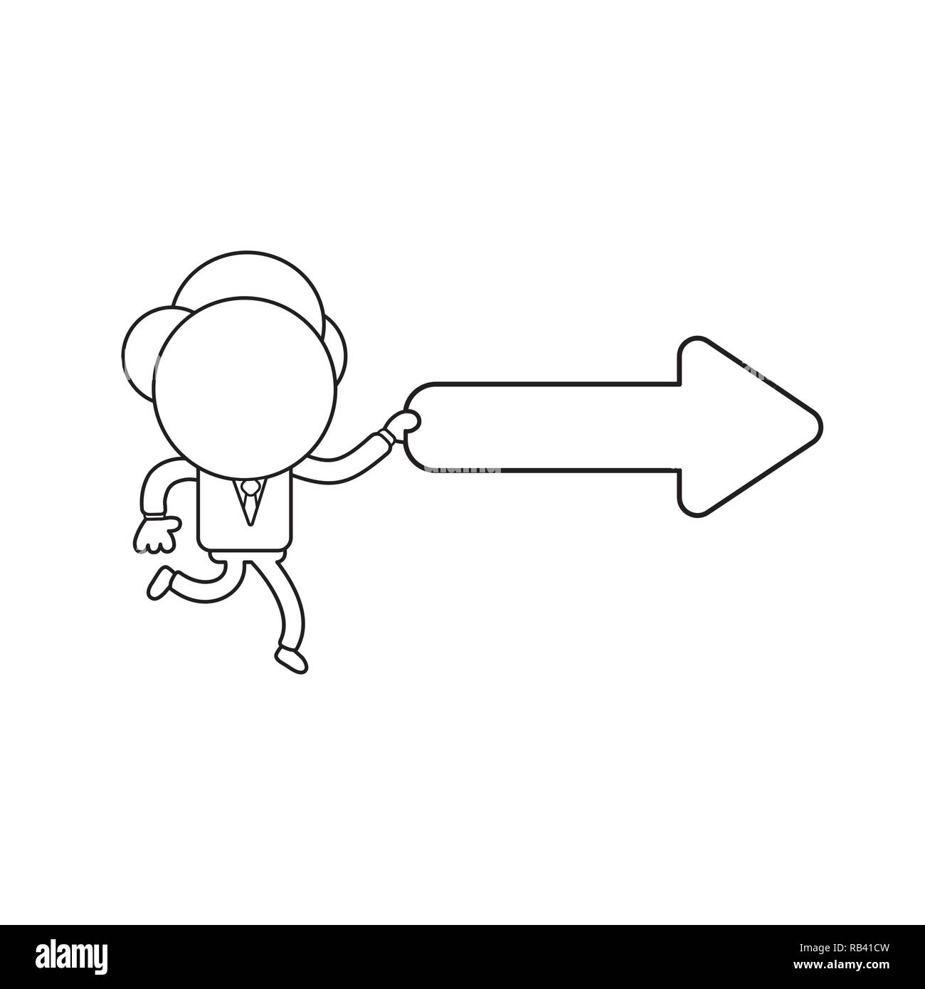 Vector Illustration Konzept der Geschäftsmann Charakter läuft und die Pfeil nach rechts. Schwarzer outline. Stock Vektor