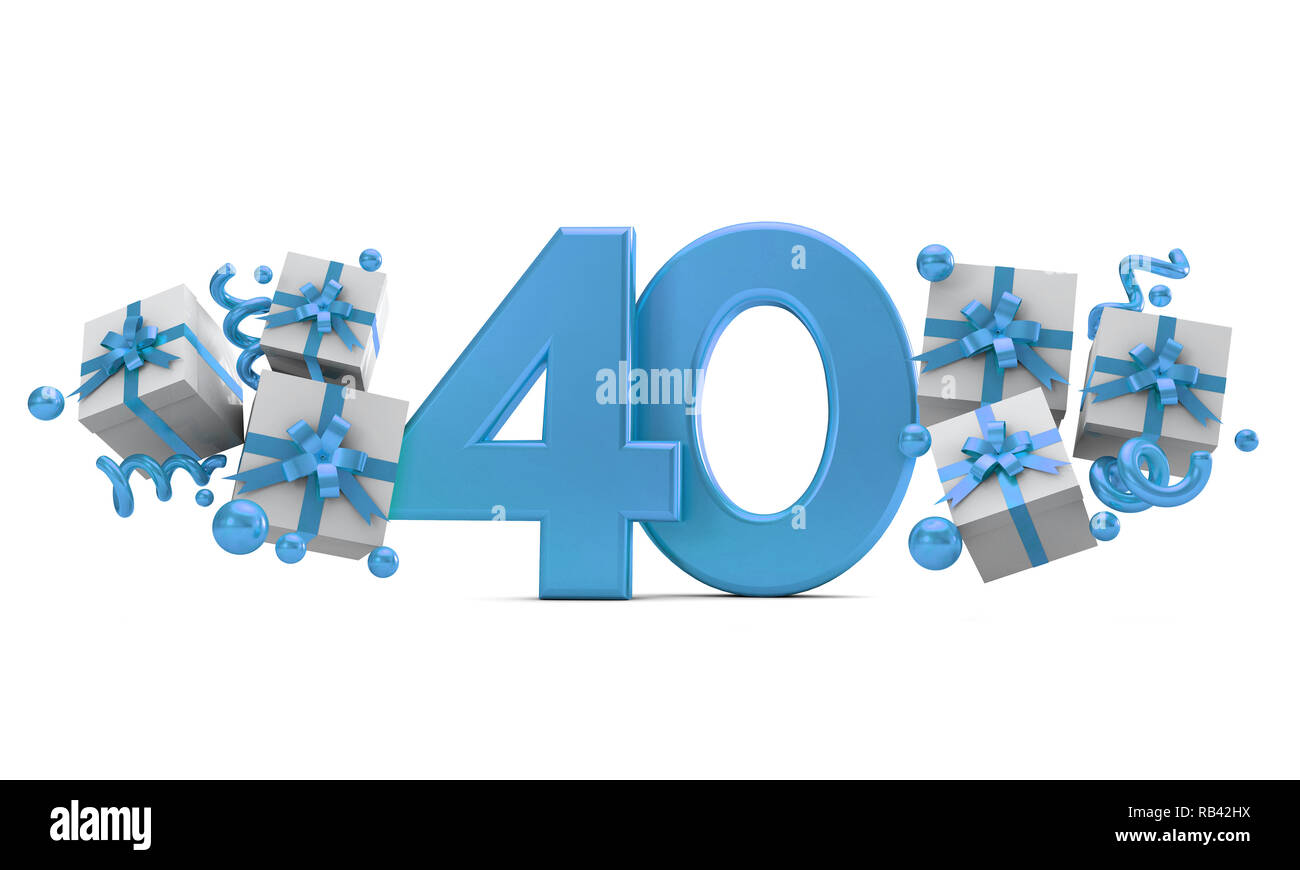 Nummer 40 blau Geburtstagsfeier Nummer mit Geschenkboxen. 3D-Rendering Stockfoto