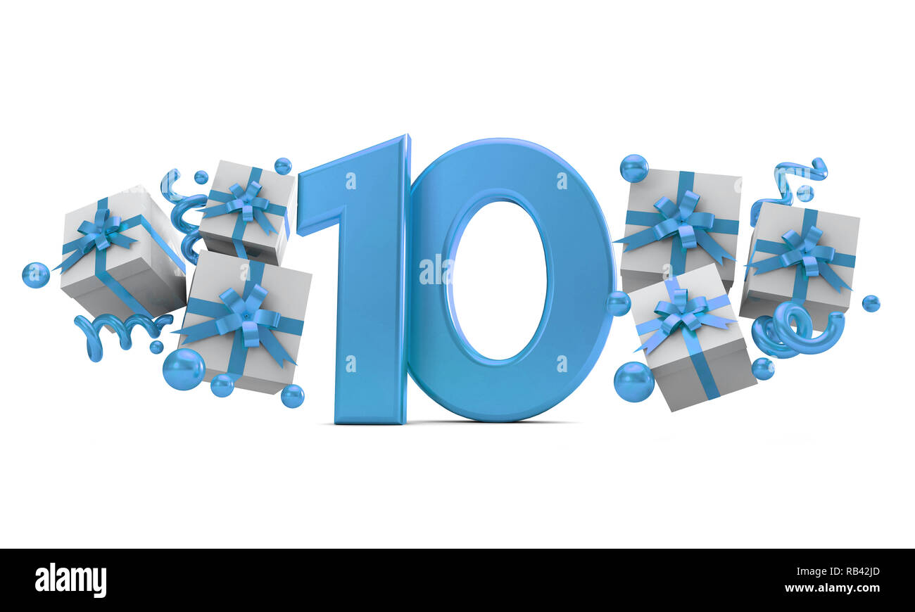 Nummer 10 blaue Geburtstagsfeier Nummer mit Geschenkboxen. 3D-Rendering Stockfoto