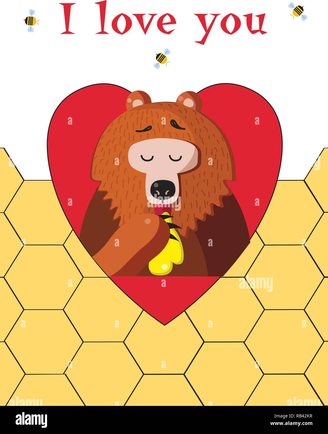 Ich liebe Dich happy valentines Tag Grußkarte von cute Cartoon bear Vector Illustration Charakter essen Honig innerhalb der roten Herzen und Bienen um auf h Stock Vektor
