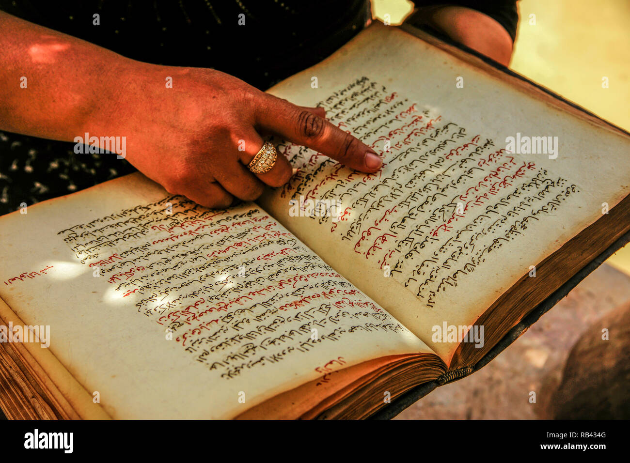 Lesen einer medizinischen Vertrag von fariz Ibn Zafer al Jazin. Eine bimaristan Nouri, jetzt Museum für Medizin und Arabischen Wissenschaften. Damaskus. Syrien, Naher Osten Stockfoto