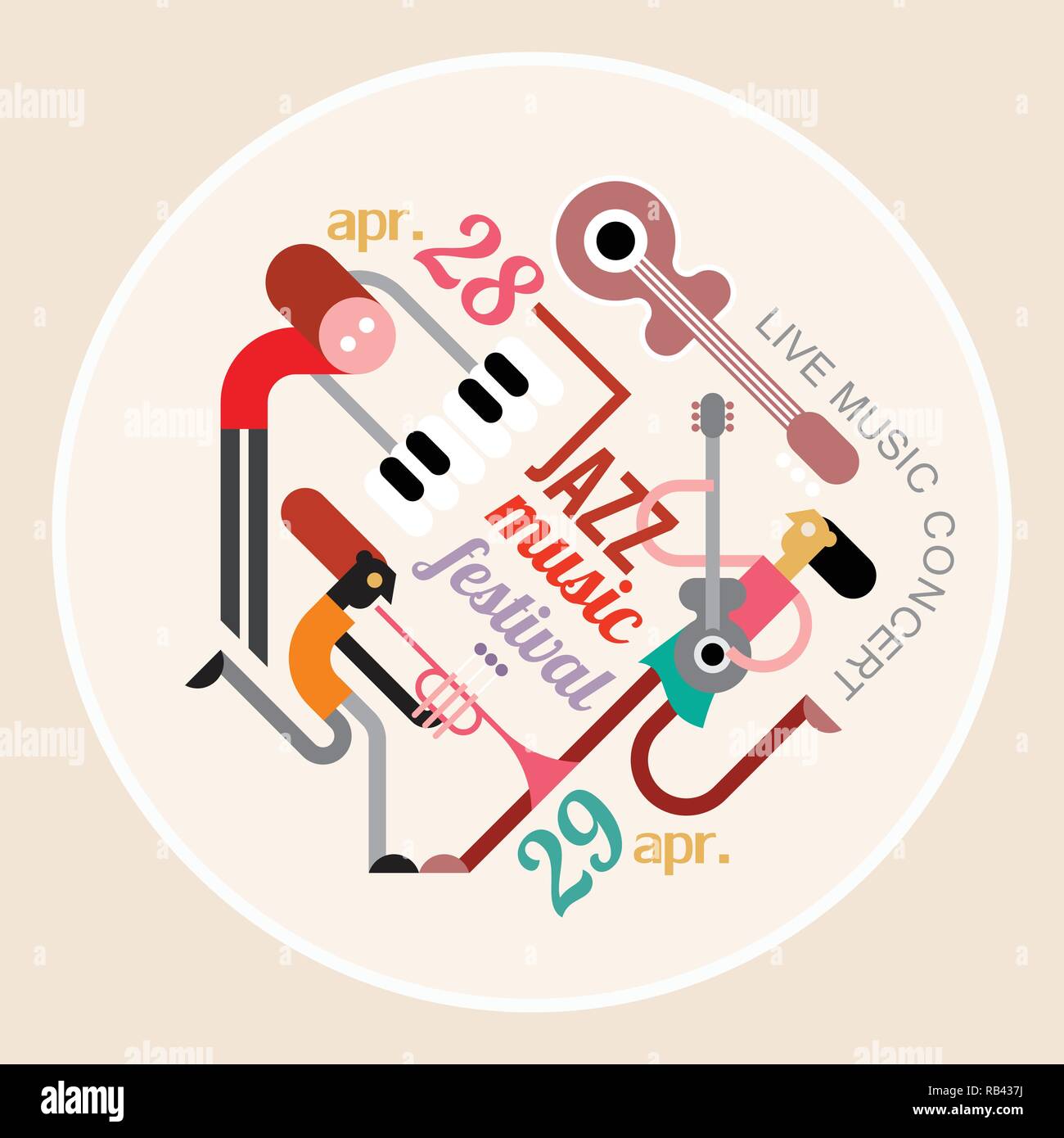 Musik Festival, runde Form Vector Illustration. Kunst Zusammensetzung der Musiker, Musikinstrumente und Text Architektur auf einem hellen Hintergrund isoliert Stock Vektor