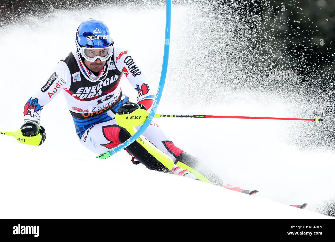 Peking, Kroatien. 6. Januar, 2019. Jean Baptiste Grange von Frankreich konkurriert während der Männer slalom Rennen der FIS Ski World Cup Snow Queen Trophy 2019 in Zagreb, Kroatien, Jan. 6, 2019. Credit: Sanjin Strukic/Xinhua/Alamy leben Nachrichten Stockfoto