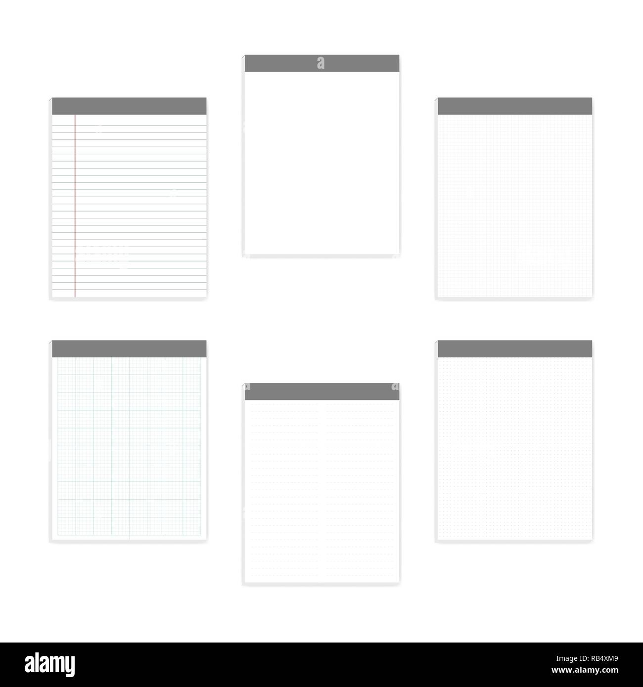 Leere weiss und verschiedenen ausgeschlossen beachten Sie Papier im Letter-Format Block gesetzt, realistisch Vektor Mock-up. Leim oben memo Pads mit aus Laken zerreißen, mockup Stock Vektor
