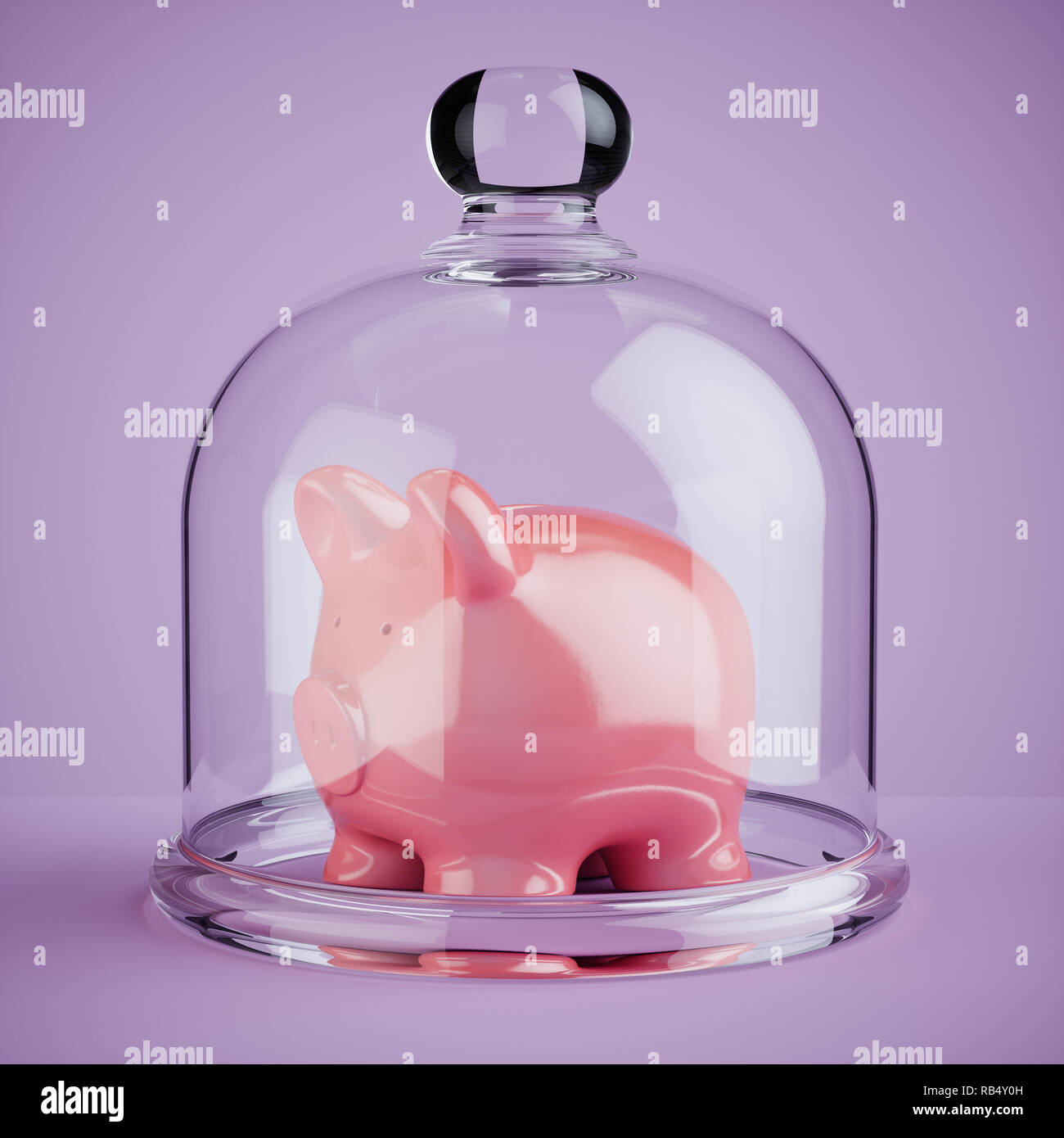 Piggy Bank bedeckt mit Glaskuppel auf rosa Hintergrund geschützt. 3D Rendering illustration Stockfoto