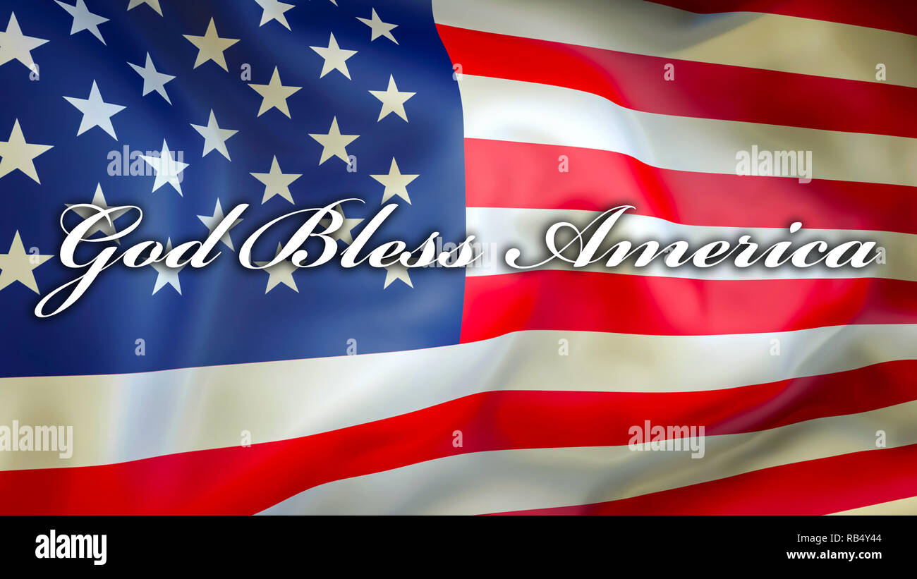 Gott segne Amerika auf einem USA-Flagge im Hintergrund, 3D-Rendering. Vereinigte Staaten von Amerika Fahne im Wind. Stolz, Amerikanische Fahne Winken, Amerikanische Gott B Stockfoto