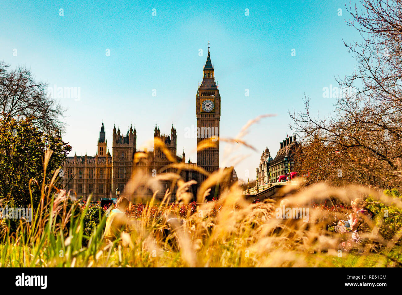 Ein Blick auf das Elizabeth Tower/Big Ben vom Park an einem schönen sonnigen Tag. 2017 Stockfoto