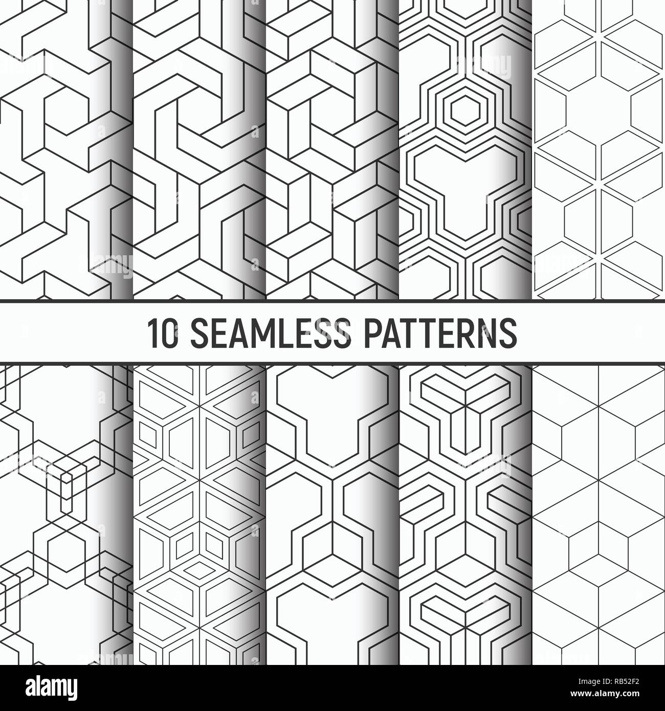 Satz von zehn nahtlose Schwarzweiß-Mustern. Abstrakte geometrische trendy Vektor Hintergründe. Lineare Stil. Fashion Design. Geometrische Fliesen. Hehexagons. Stock Vektor