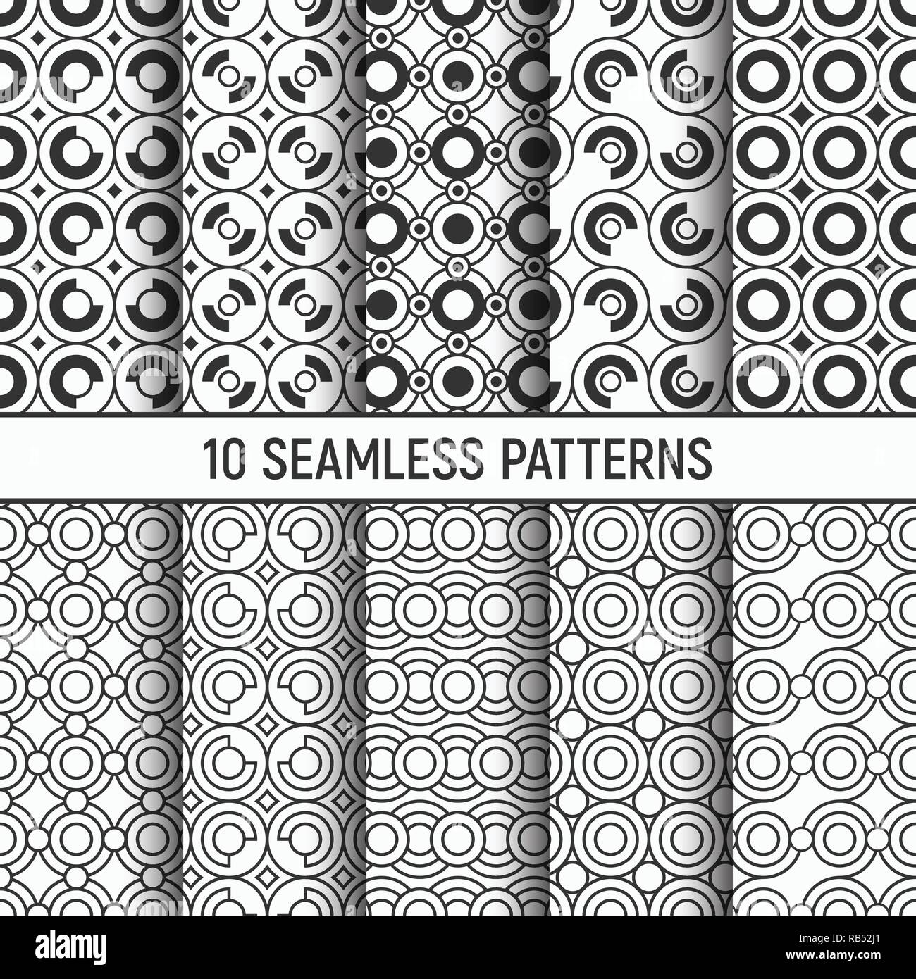 Satz von zehn Schwarzweiß nahtlose Muster. Abstrakte trendy Vektor Hintergründe. Fashion Design. Kreise, Rauten, symmetrisch angeordnet Stock Vektor
