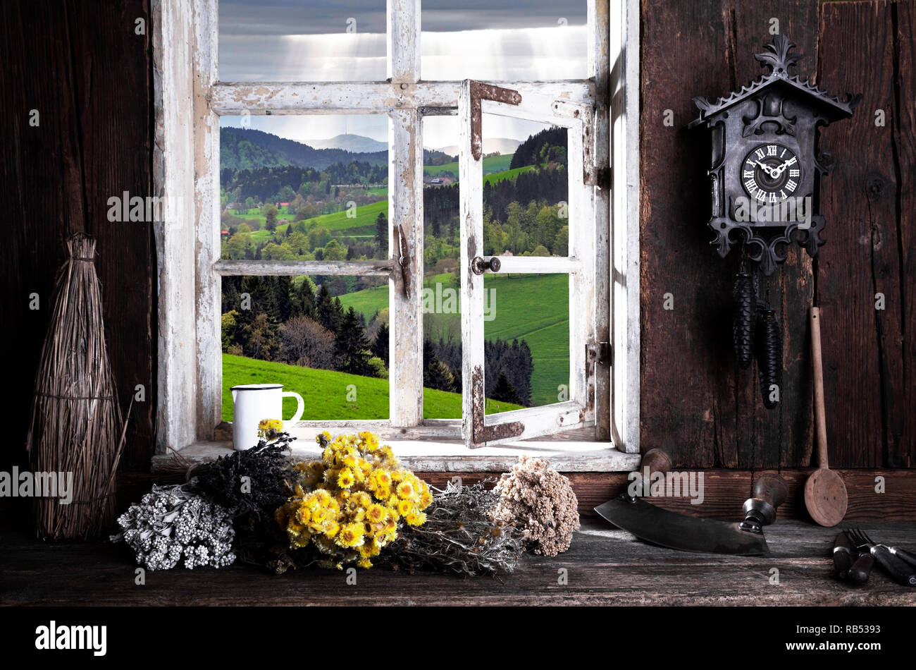 Bauernstube mit Blick durch das Fenster Stockfoto