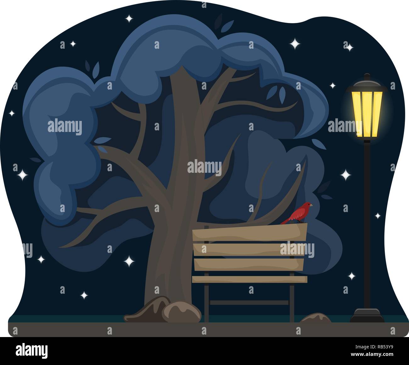 Frühling Landschaft. Gasse in den Park mit einer Bank in der Nacht. Sternenhimmel. Flache Cartoon Stil. Stock Vektor