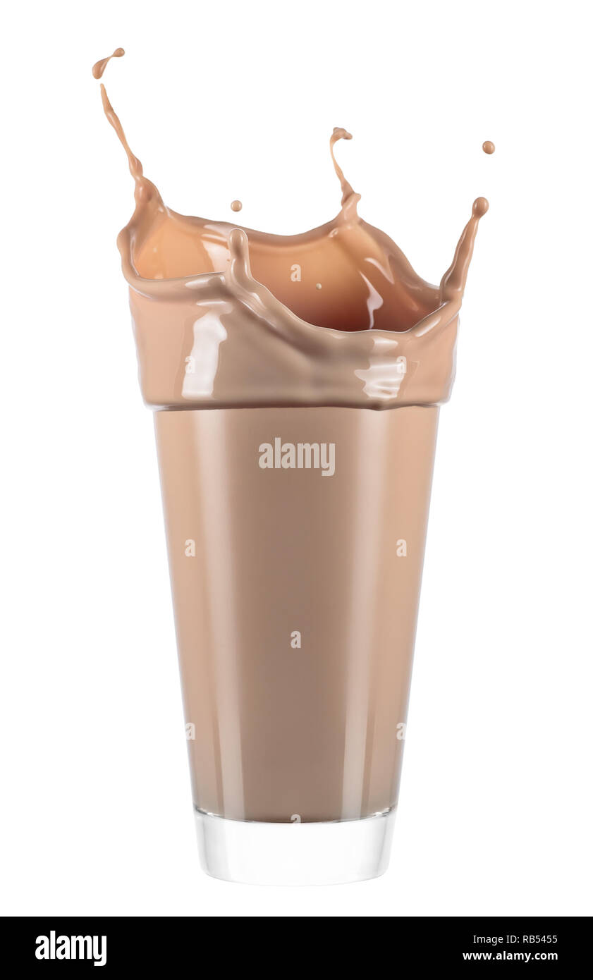 Glas Kakao mit Spritzen auf weißem Hintergrund Stockfoto