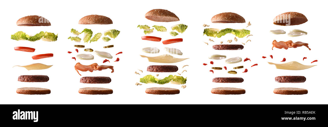 Satz von verschiedenen Burger mit Zutaten, die für die Schichten auf weißem Hintergrund isoliert voneinander getrennt. Vorderansicht. Horizontale Komposition. Stockfoto