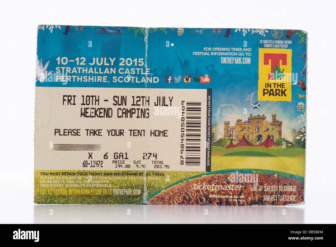 T im Park Ticket 2015 Strathallan Castle, Schottland, UK (Ticket Inhaber Name für Datenschutz verdeckt) - schottischer Musik Festival Stockfoto