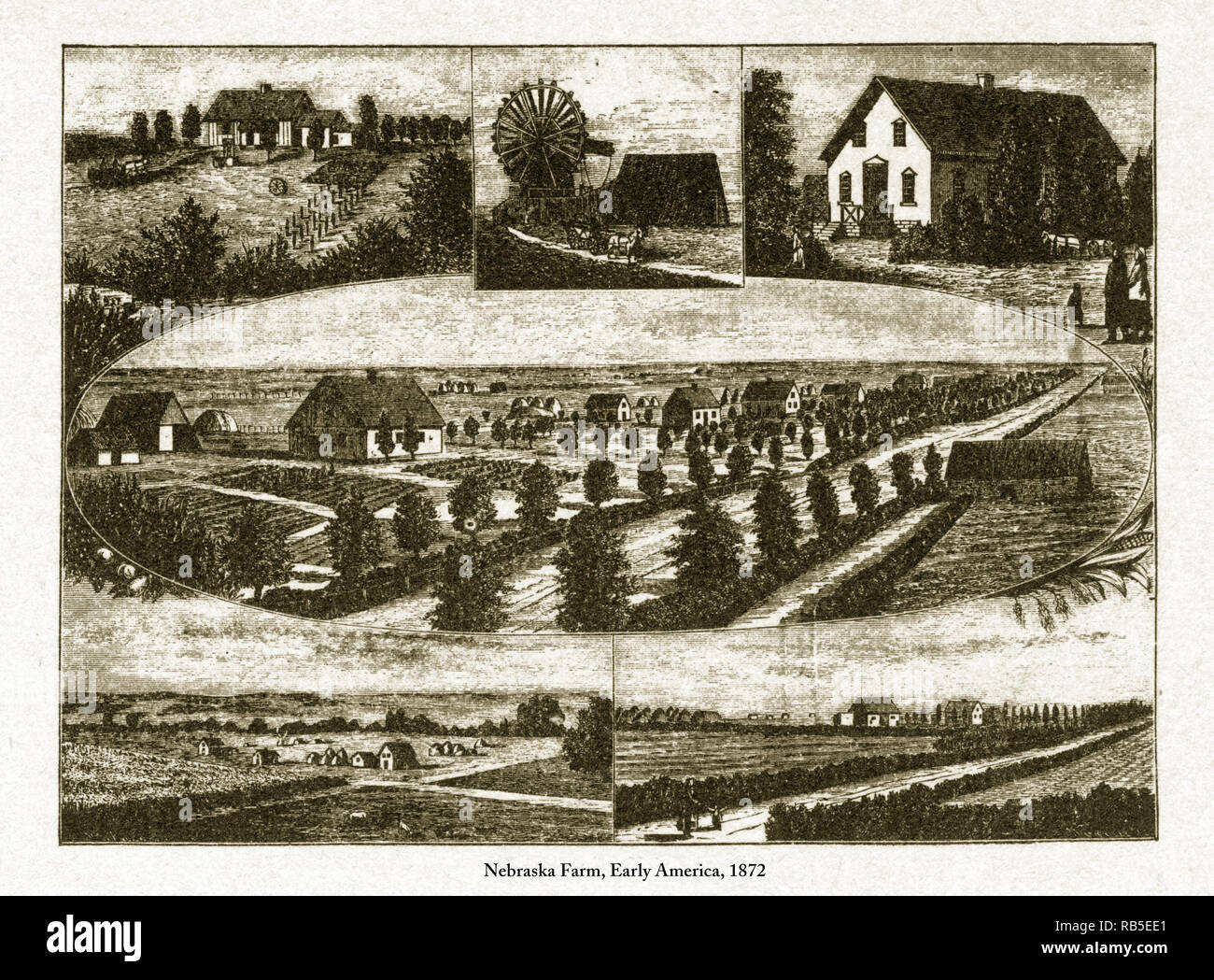 Nebraska Farm, Porträt des frühen amerikanischen Gravur, 1872 Stockfoto