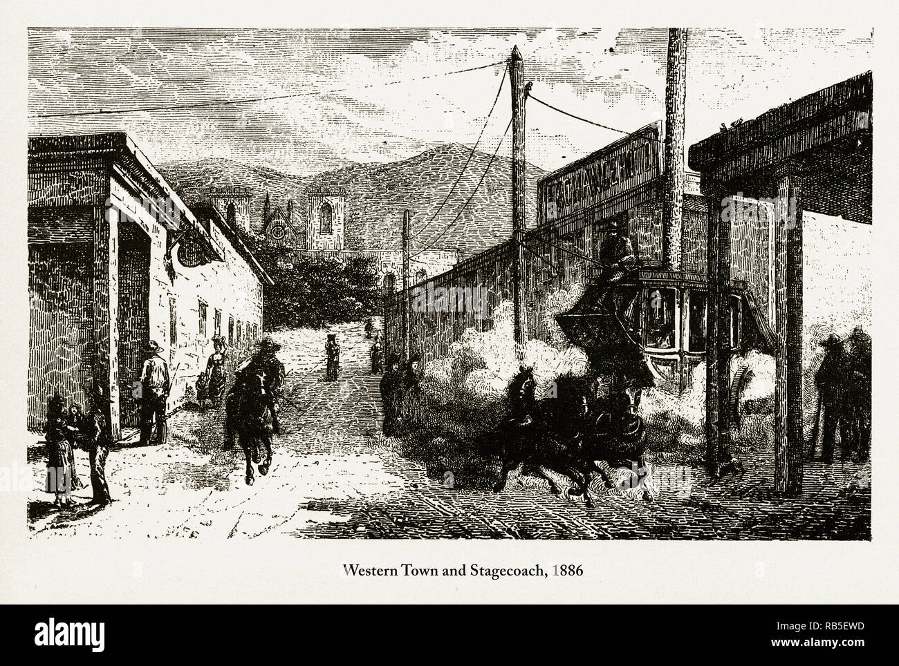 Western Town und Stagecoach, frühen amerikanischen Gravur, 1886 Stockfoto