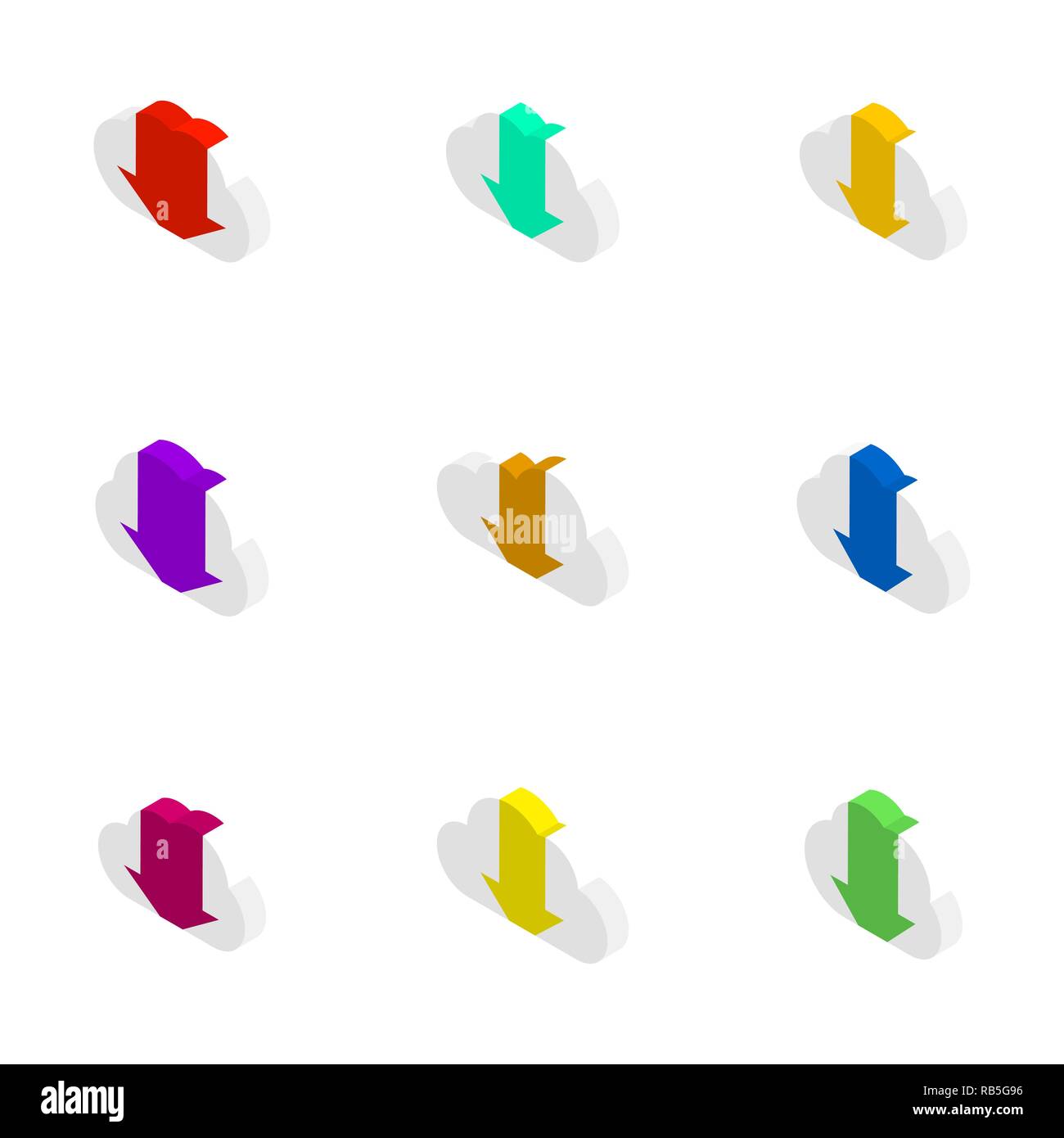 Symbole Wolken mit einer Pfeile verschiedene Formen. Flache isometrische 3D-Stil, Vector Illustration. Stock Vektor