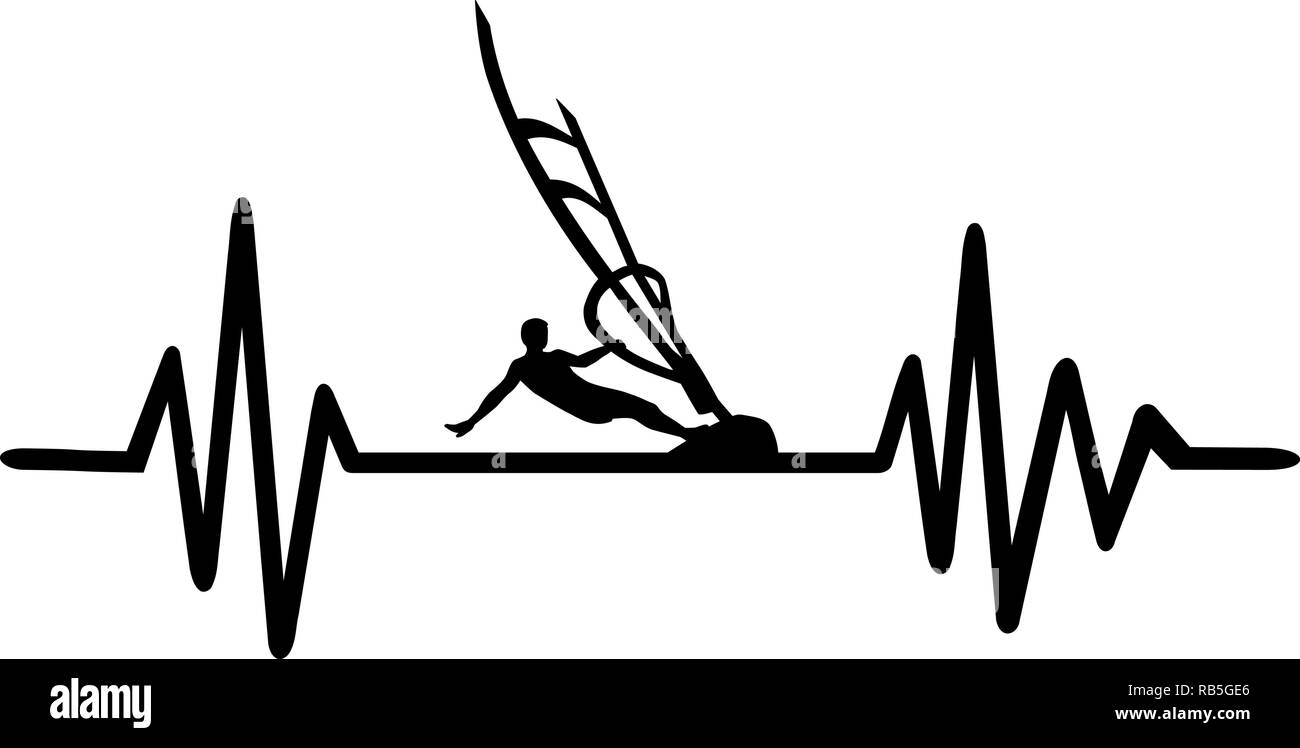 Heartbeat Puls mit Windsurfer auf dem Wasser und Wort Stock Vektor
