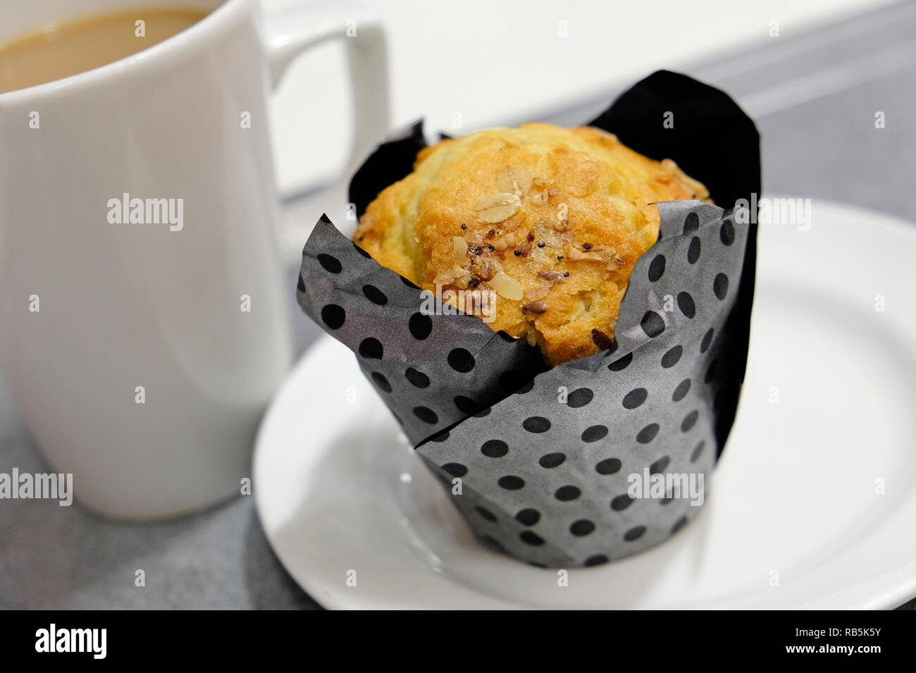 Blueberry Muffin und Becher Kaffee Stockfoto