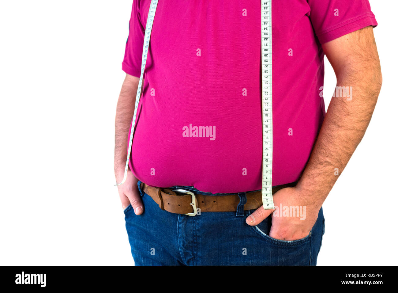 Mann mit Bauch, Übergewicht, Maßband Stockfoto