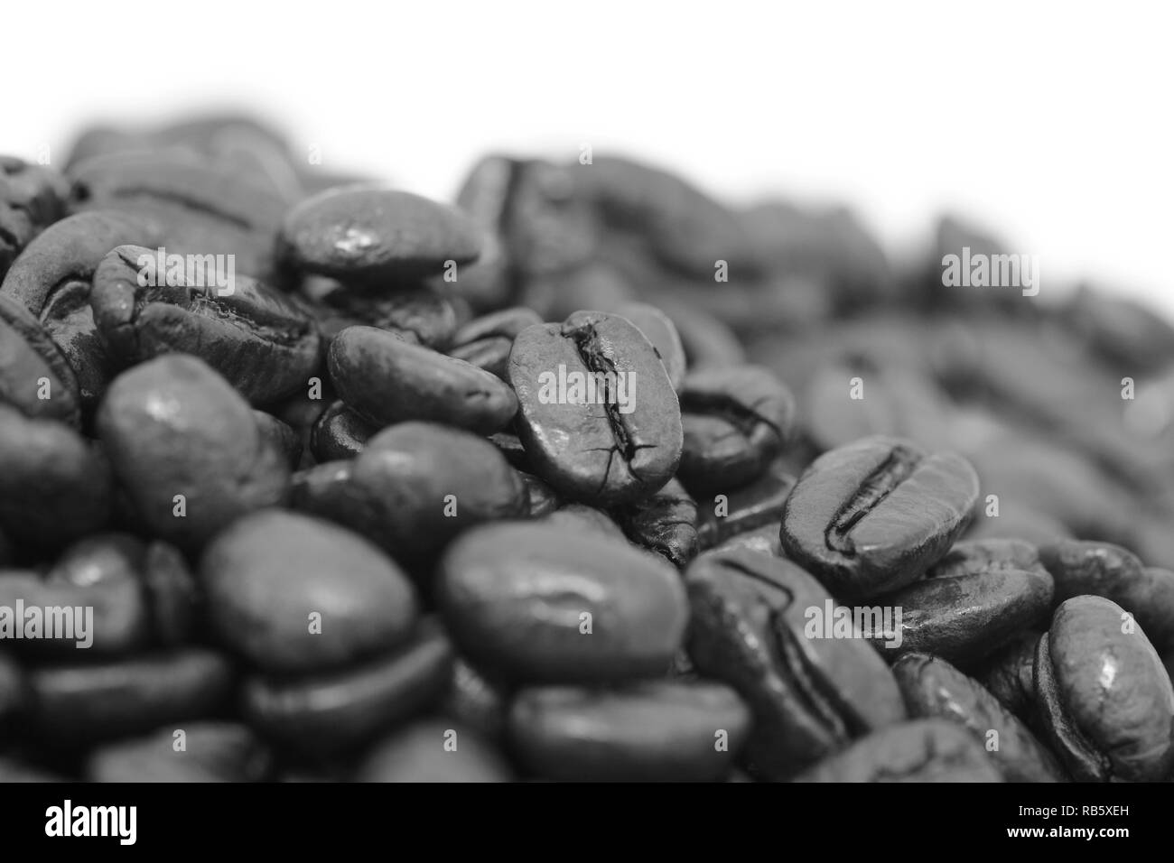 Makro von einem Stapel von gerösteten Kaffeebohnen, auf einem weißen Hintergrund - monochrom Verarbeitung Stockfoto
