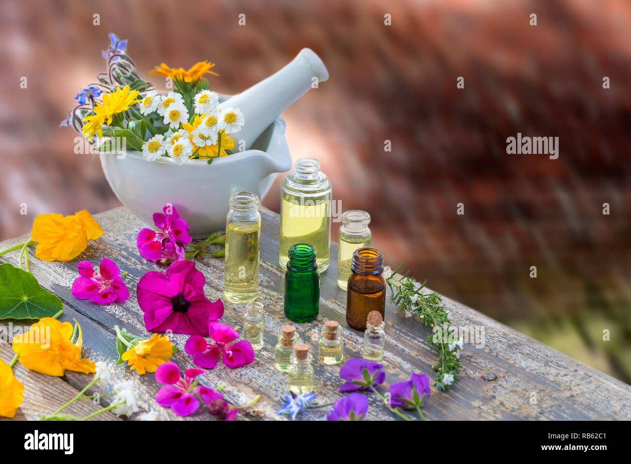 Ätherisches Öl und Parfum von Heilpflanzen in Mörtel durch Blütenblätter umgeben Stockfoto