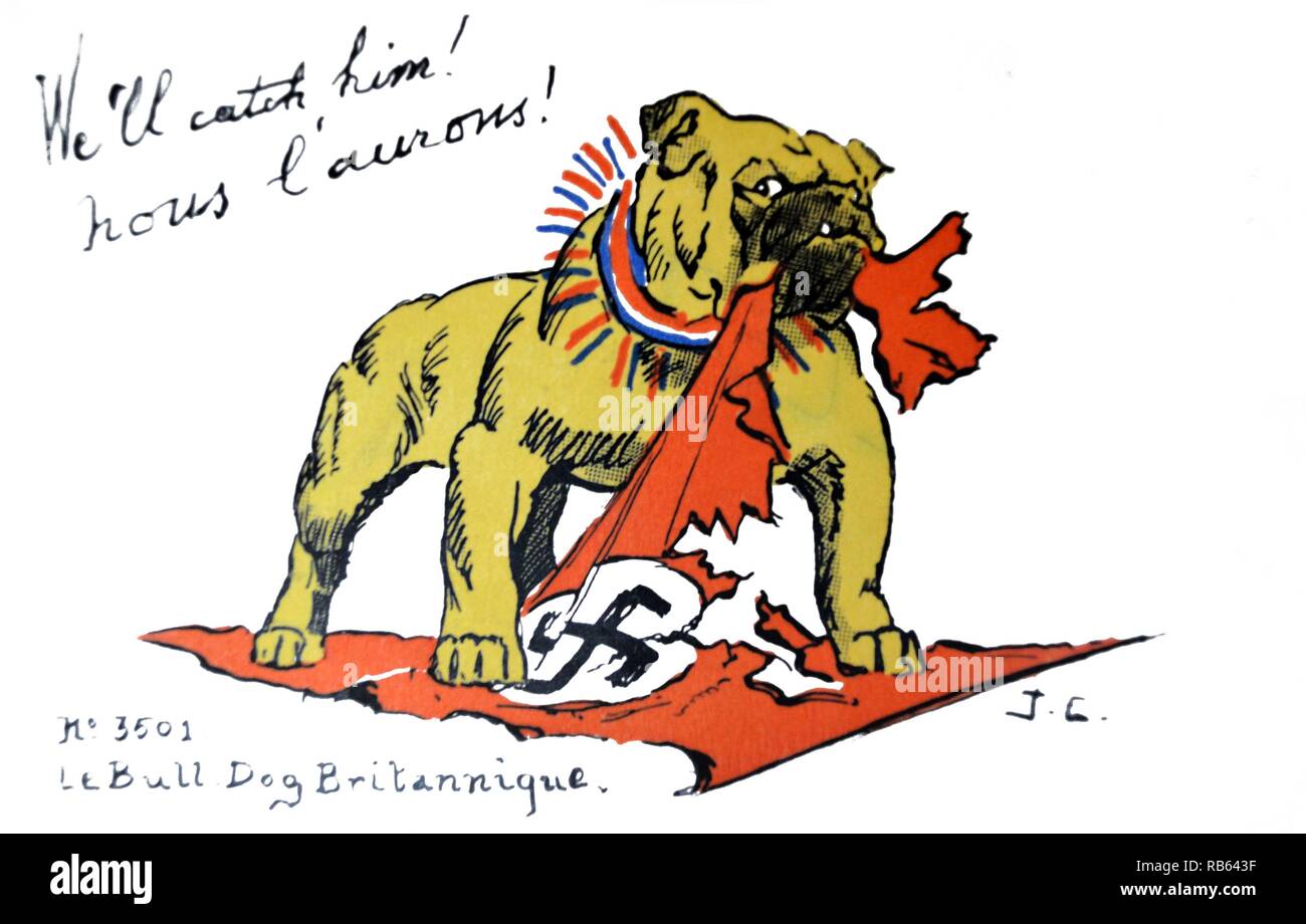 Französische Weltkrieg zwei Postkarte zeigt die britische Bulldogge verpackt in einem französischen Halsband reißen ein Nazi deutscher Flagge. Der Slogan ist wir ihn fangen! Mit der englisch-französischen militärischen Allianz Stockfoto