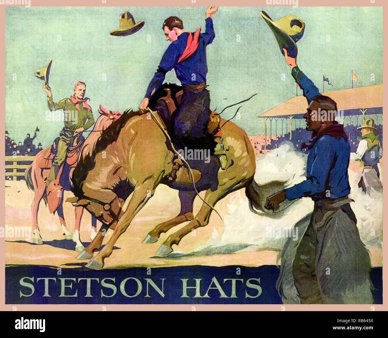 Stetson Hüte, am besten in der ganzen Welt bekannt. Unternehmen begann 1865 durch John B Stetson. Poster Bilder wie dieses Cowboy mit seinem Pferd unterstützt den Mythos des Westens, und spiegelt die werte Leser von Western Romane und Zuschauer der westlichen Filmen kam zu erwarten. Stockfoto