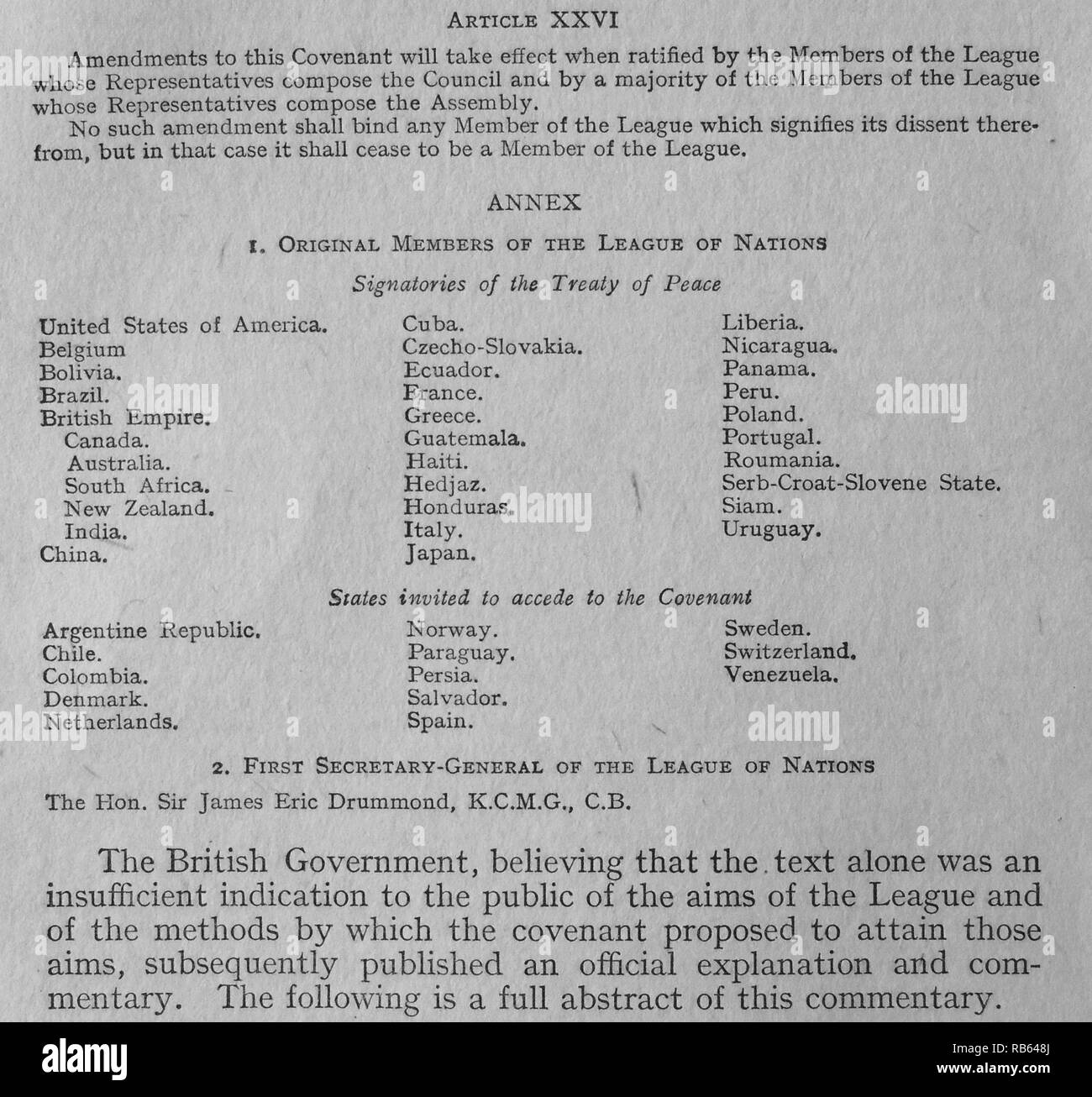 Der Bund des Völkerbundes war die Charta der Liga von Nationen. 1919 Stockfoto