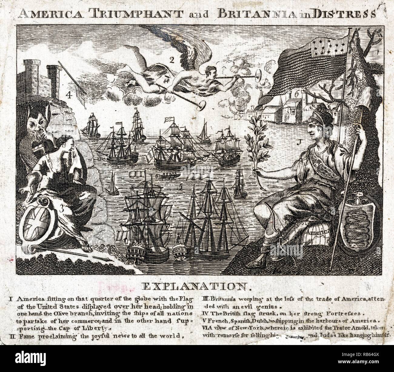 Amerika triumphierend und Britannia in Seenot. 1782 Allegorie des amerikanischen Wohlstands und der Sieg über England. Stockfoto