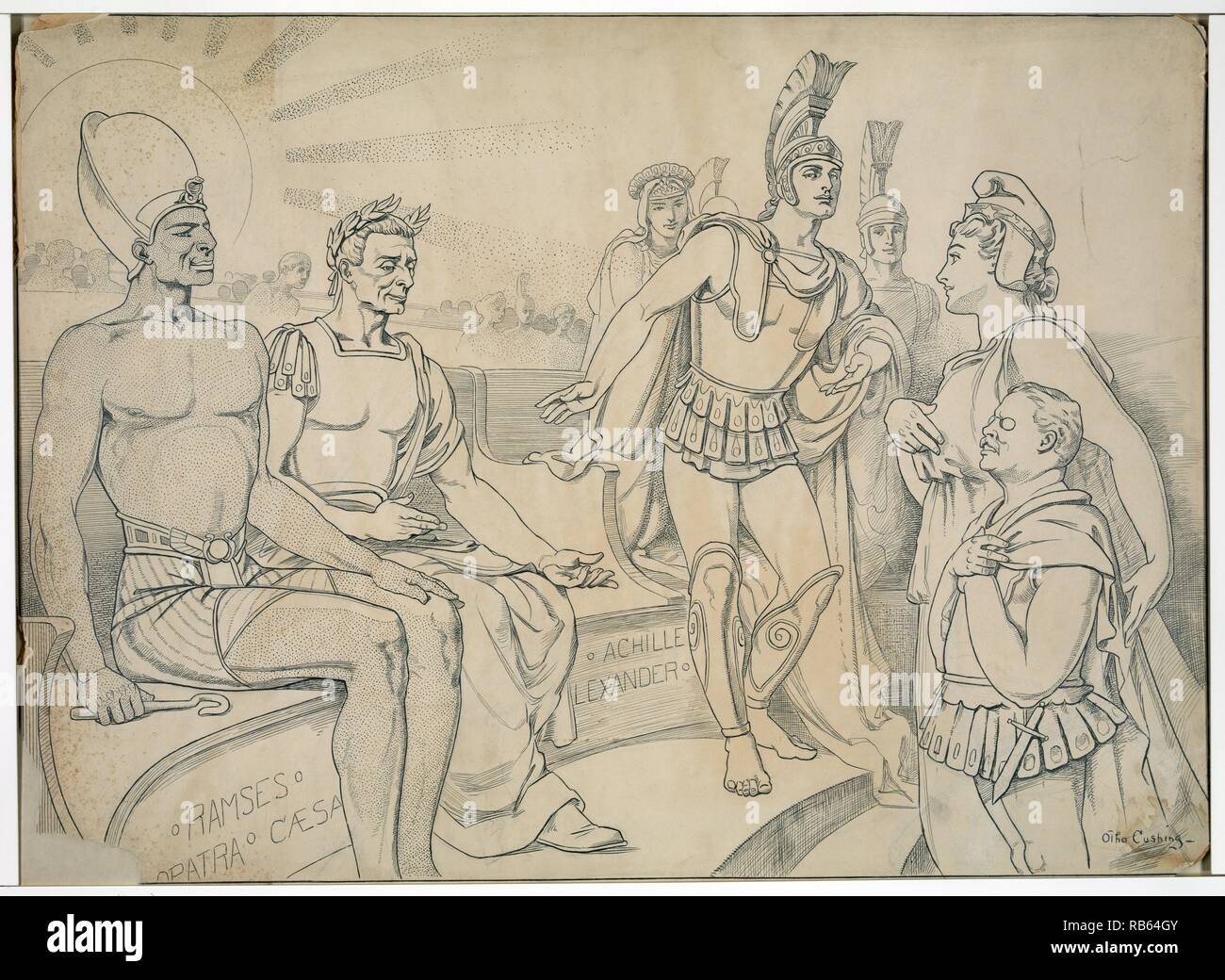 Pallas Columbia Anfragen für Ihn einen Platz in der Geschichte von Otho Cushing, 1871-1942, Künstler 1907. Theodore Roosevelt im Kleid eines römischen Krieger, der Columbia präsentiert wird zu fünf großen Führern aus Geschichte und Literatur. Sie sind: Ramses, Julius Caesar, Achilles, Cleopatra, und Alexander der Große. Stockfoto