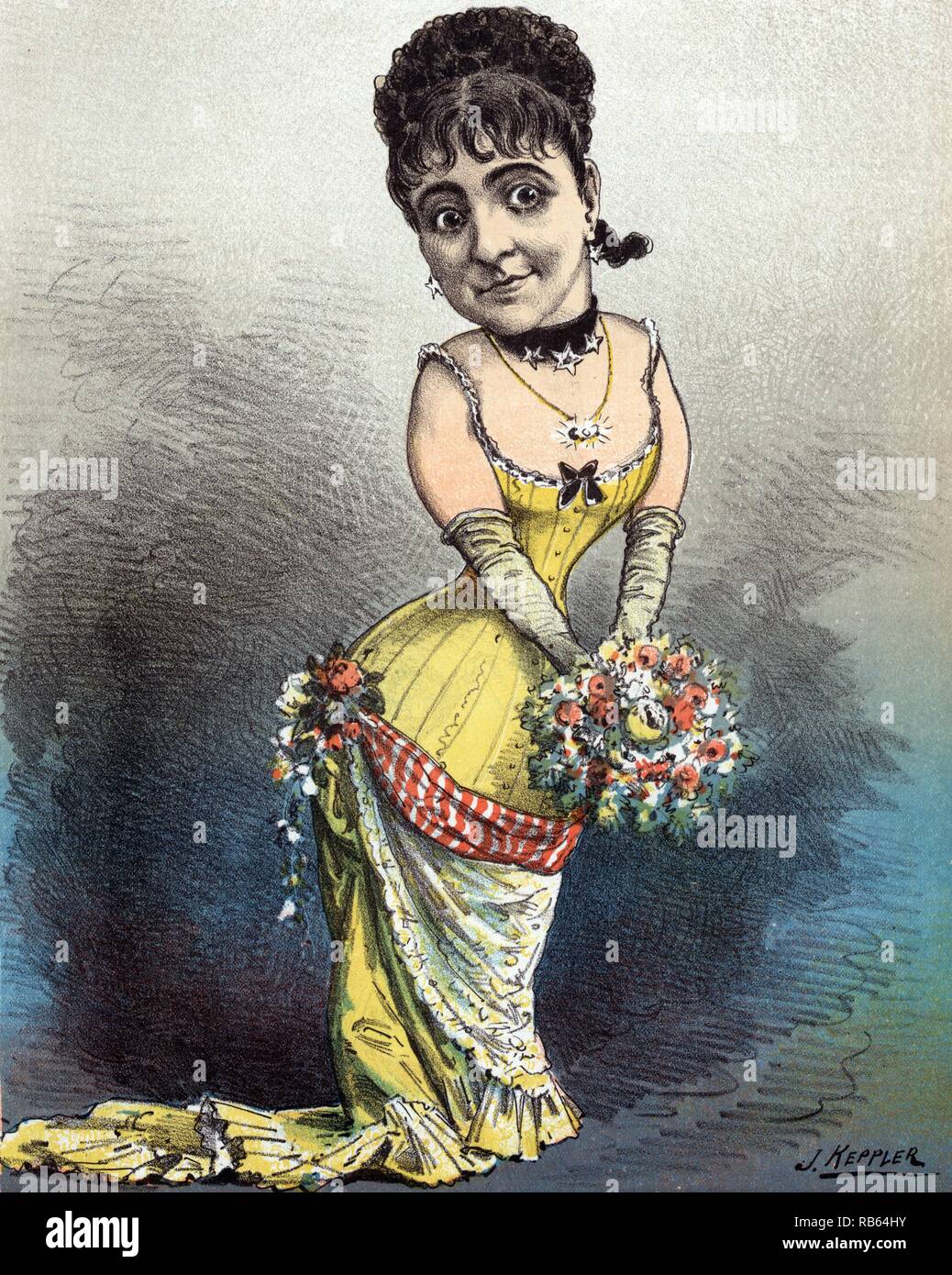Adelina Patti, den ewigen prima-donna von Josef Keppler 1838-1894, 1881 veröffentlicht. Adelina Patti, full-length Portrait, stehend, nach vorne, mit einem Blumenstrauß. Stockfoto