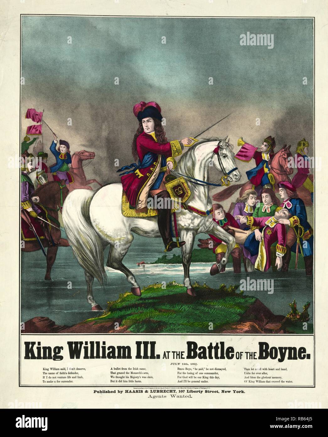 König Wilhelm III. in der Schlacht von Boyne auf dem Pferderücken führenden Truppen in die Schlacht. 1874 Abbildung. Die Schlacht am Boyne 1690 zwischen rivalisierenden Antragsteller der Englischen, Schottischen und Irischen Throne, in der Nähe von Drogheda an der Ostküste von Irland. Die Schlacht, die von William gewonnen, und halfen, die Fortsetzung der Protestantischen Vorherrschaft in Irland zu gewährleisten. Stockfoto