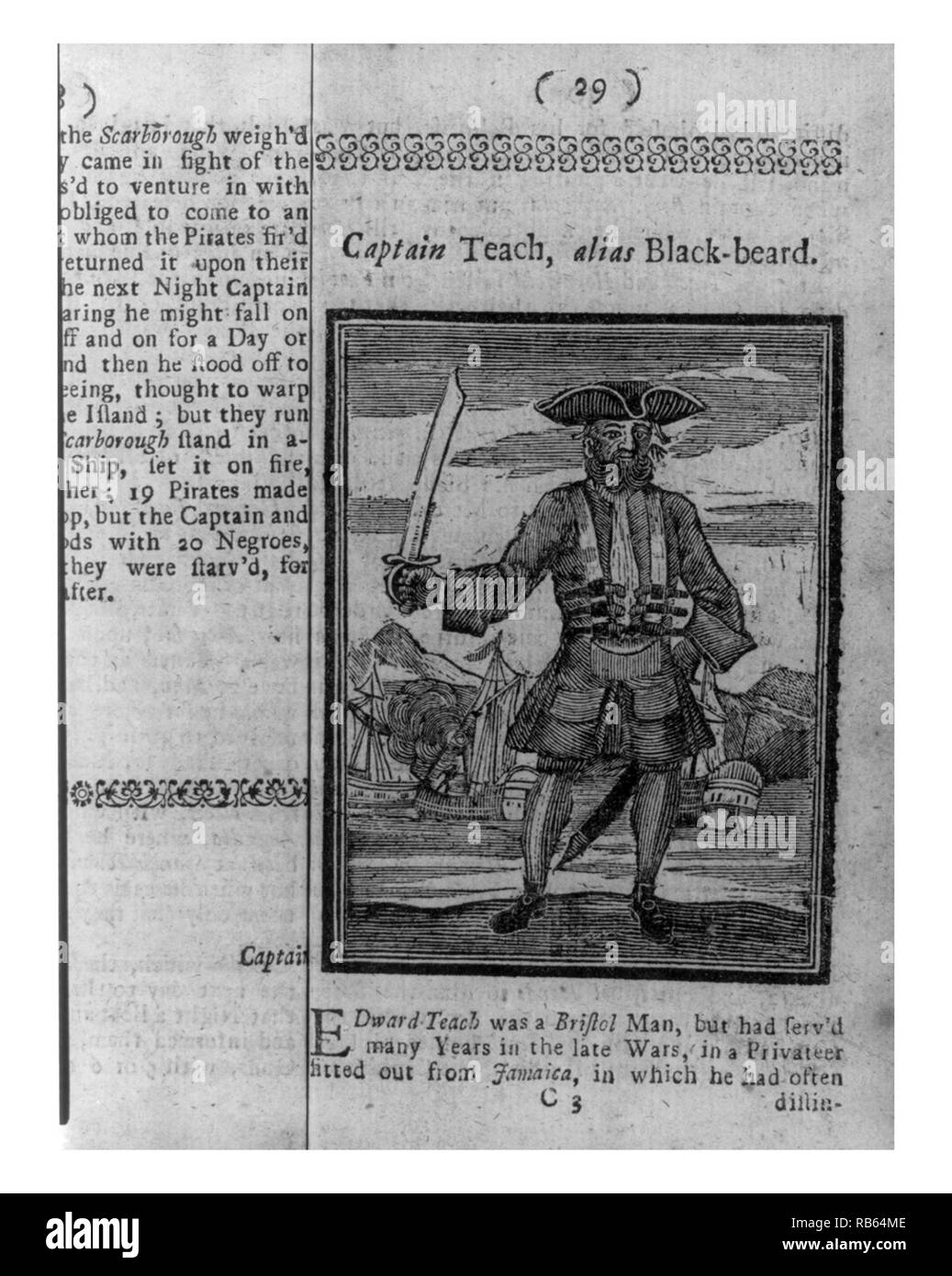 Gravur von Kapitän Blackbeard veröffentlicht im Jahre 1725. Stockfoto
