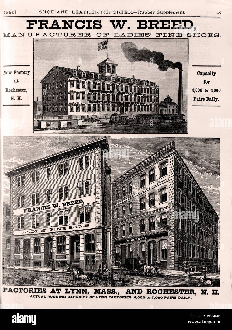 Drucken zeigt das Äußere von Francis W. Rasse Fabriken. Die Fabriken würden bis zu 7.000 Paar Schuhe täglich herstellen. Vom 1885 Stockfoto