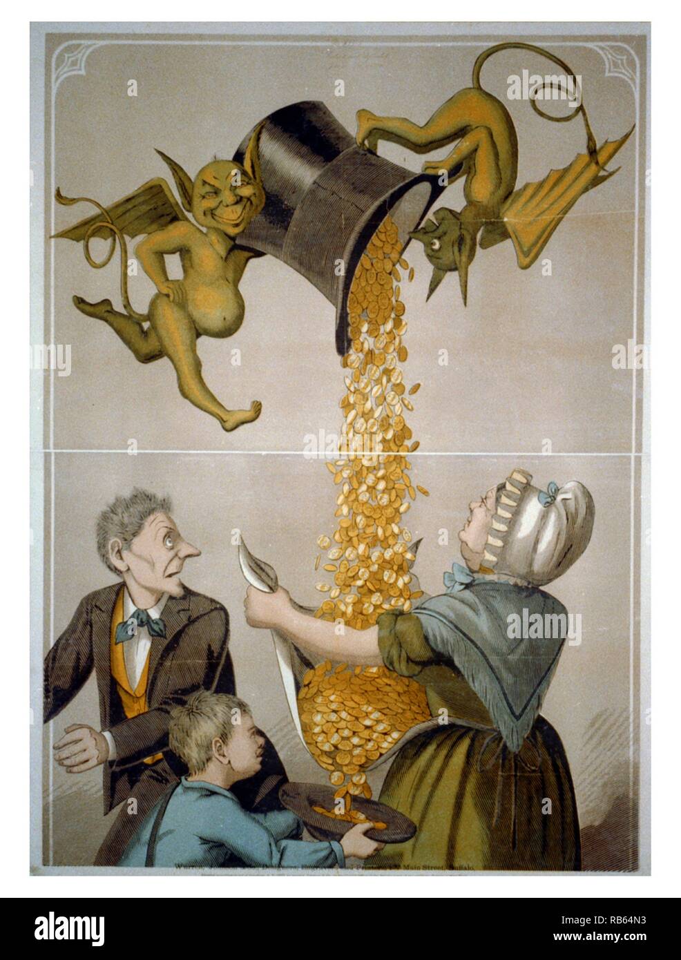 Gravur mit Farbe Teufel strömende Goldmünzen aus Hut in Frau Schürze und Knaben Hut. Vom 1870 Stockfoto