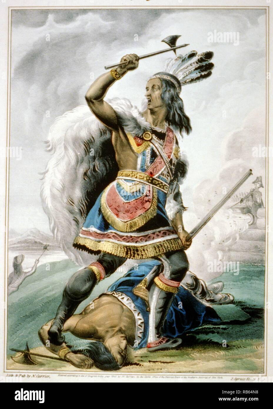 Farbe Currier und Ives Lithographie eines indischen Krieger. Datiert 1845 Stockfoto