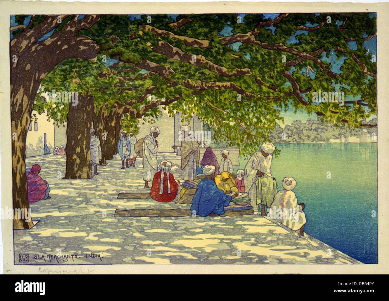 Gemälde von einer Gruppe von Seide Kaufleute sitzen an einem Fluss in Indien. Stockfoto