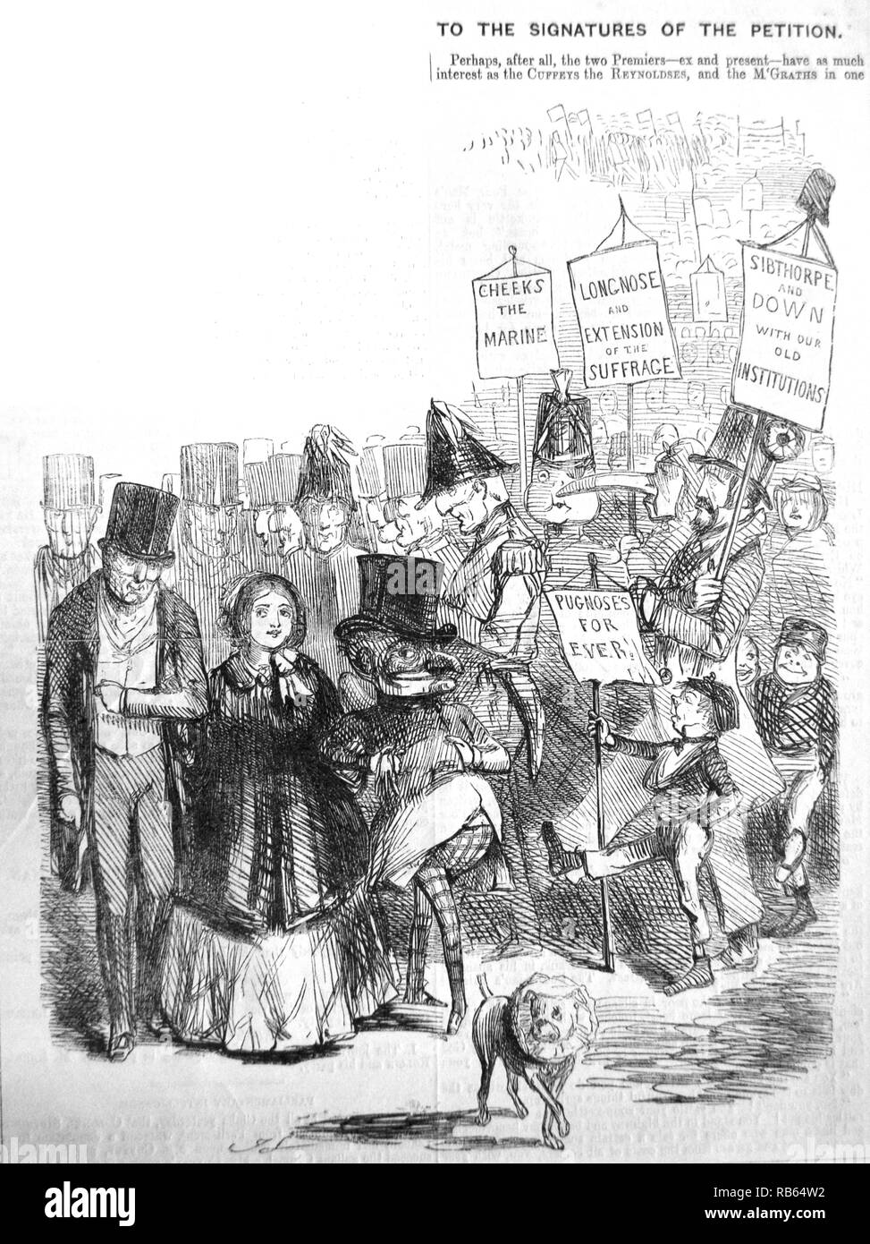 Chartismus: Wie die Charttechnische Prozession möglicherweise ausgesehen haben, mit Herrn Punch, Queen Victoria und der Herzog von Wellington, gefolgt von anderen bedeutenden citzens. John Leech Cartoon von ''Punch'', London, 1848. Stockfoto