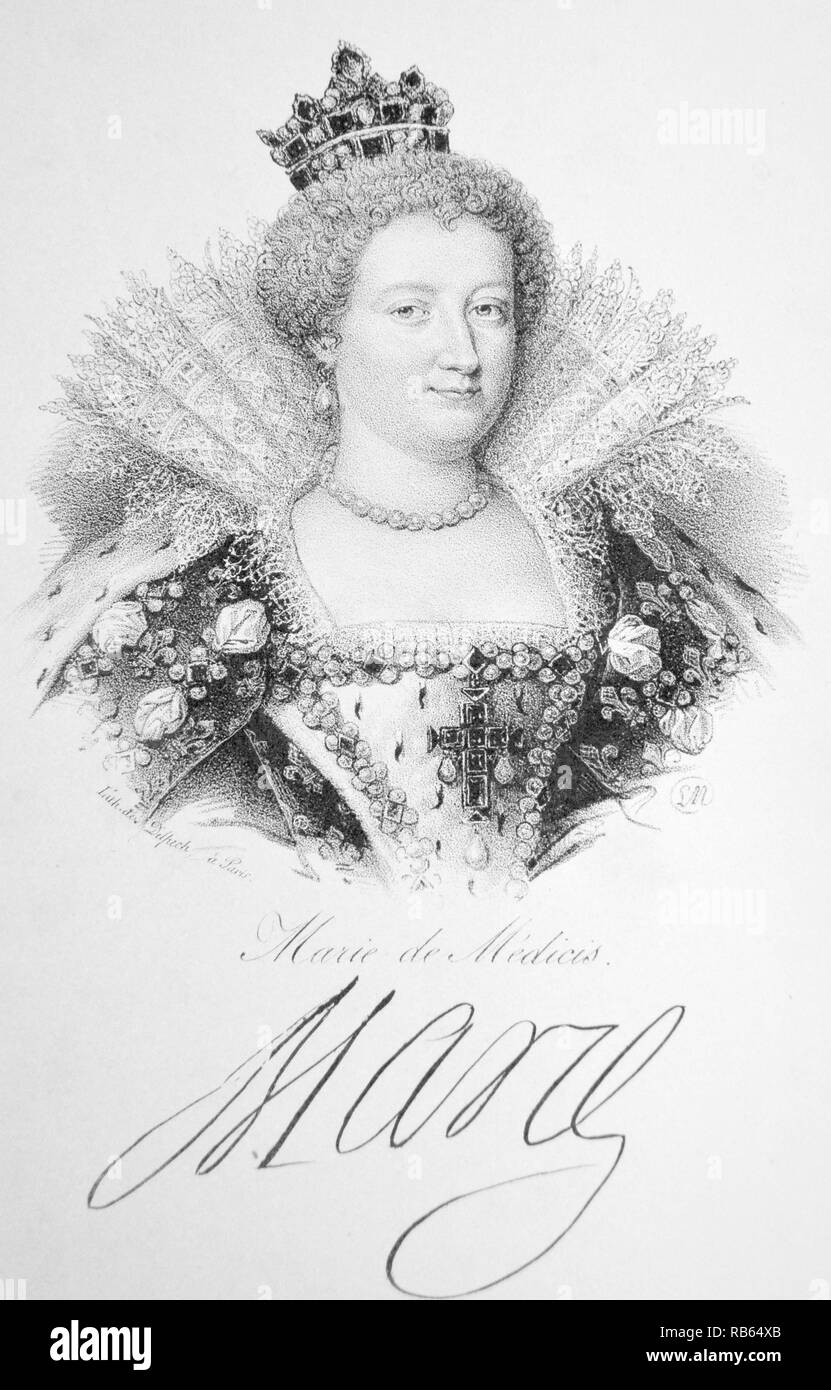 Marie de' Medici (1573-1647) Ehefrau von Heinrich IV. von Frankreich. Regentin für ihren Sohn Louis XIII 1610-1617. Lithographie, Paris, c1840. Stockfoto