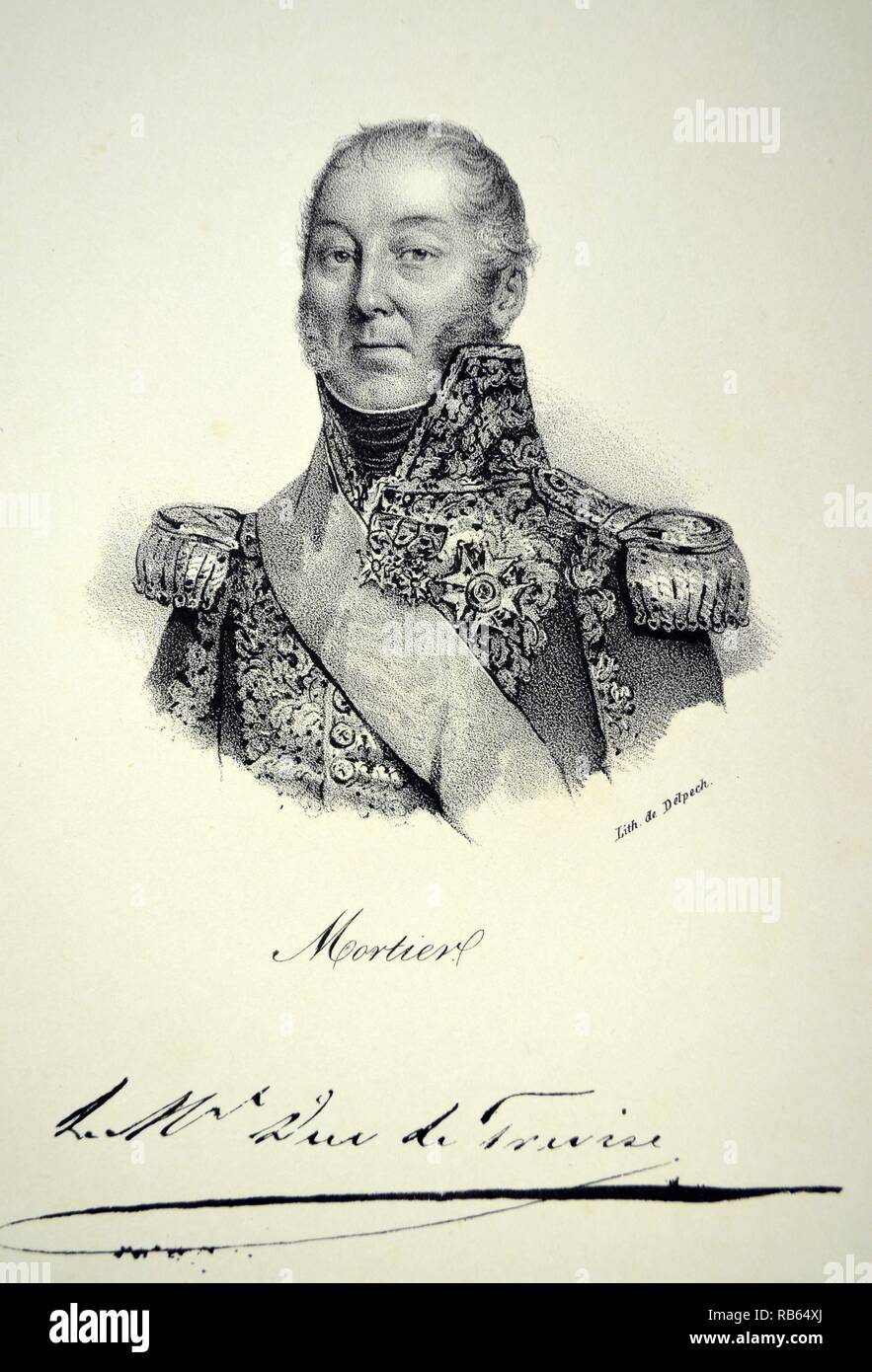 Édouard Adolphe Mortier Cosimir Joseph, 1. Duc de Trevise (1758-1835) Französische Soldaten. Marschall von Frankreich unter Napoleon I. 15 Premierminister von Frankreich 1834-1835 unter König Louis Philippe I. Lithographie, Paris, c 1840. Stockfoto